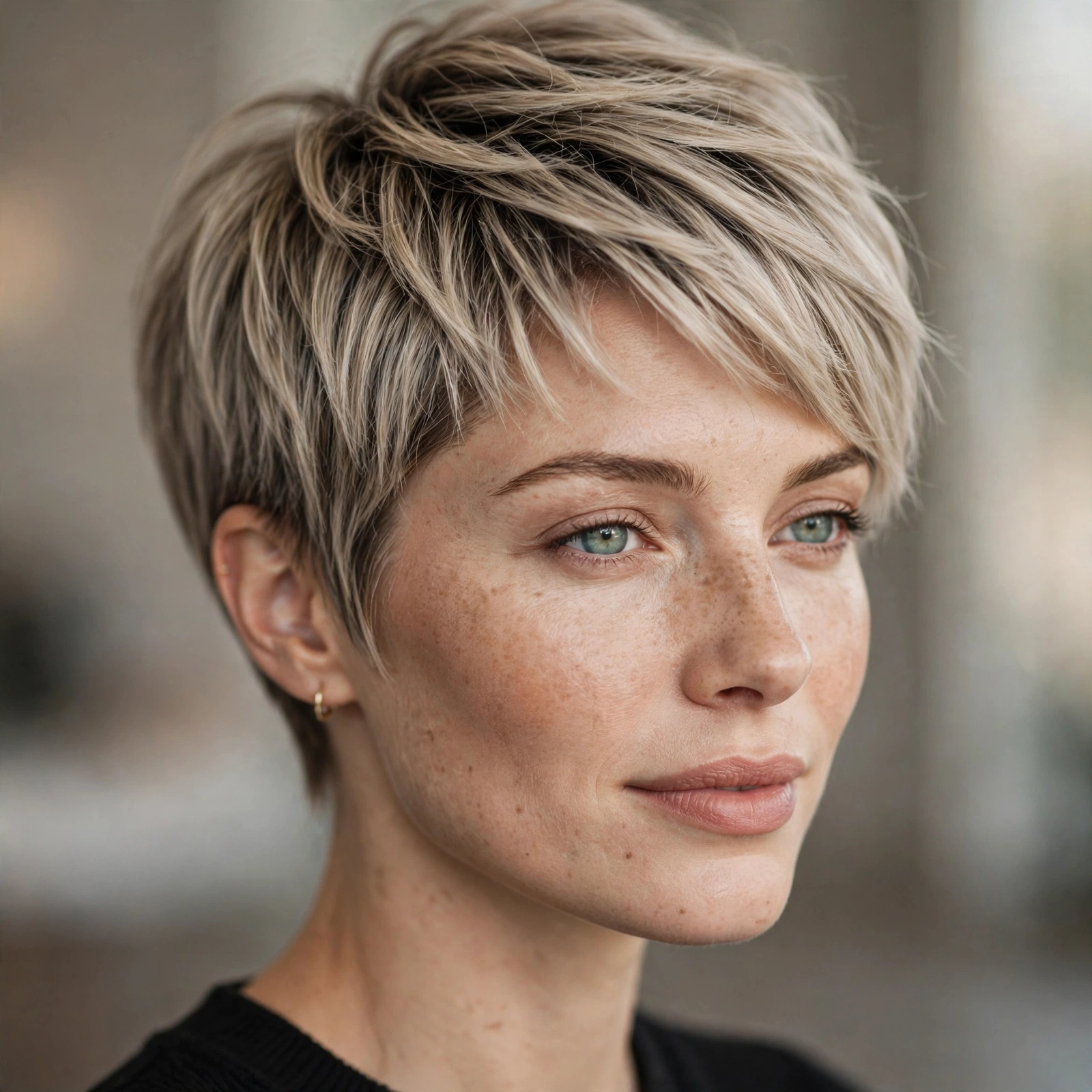 Ash blonde balayage on pixie cut