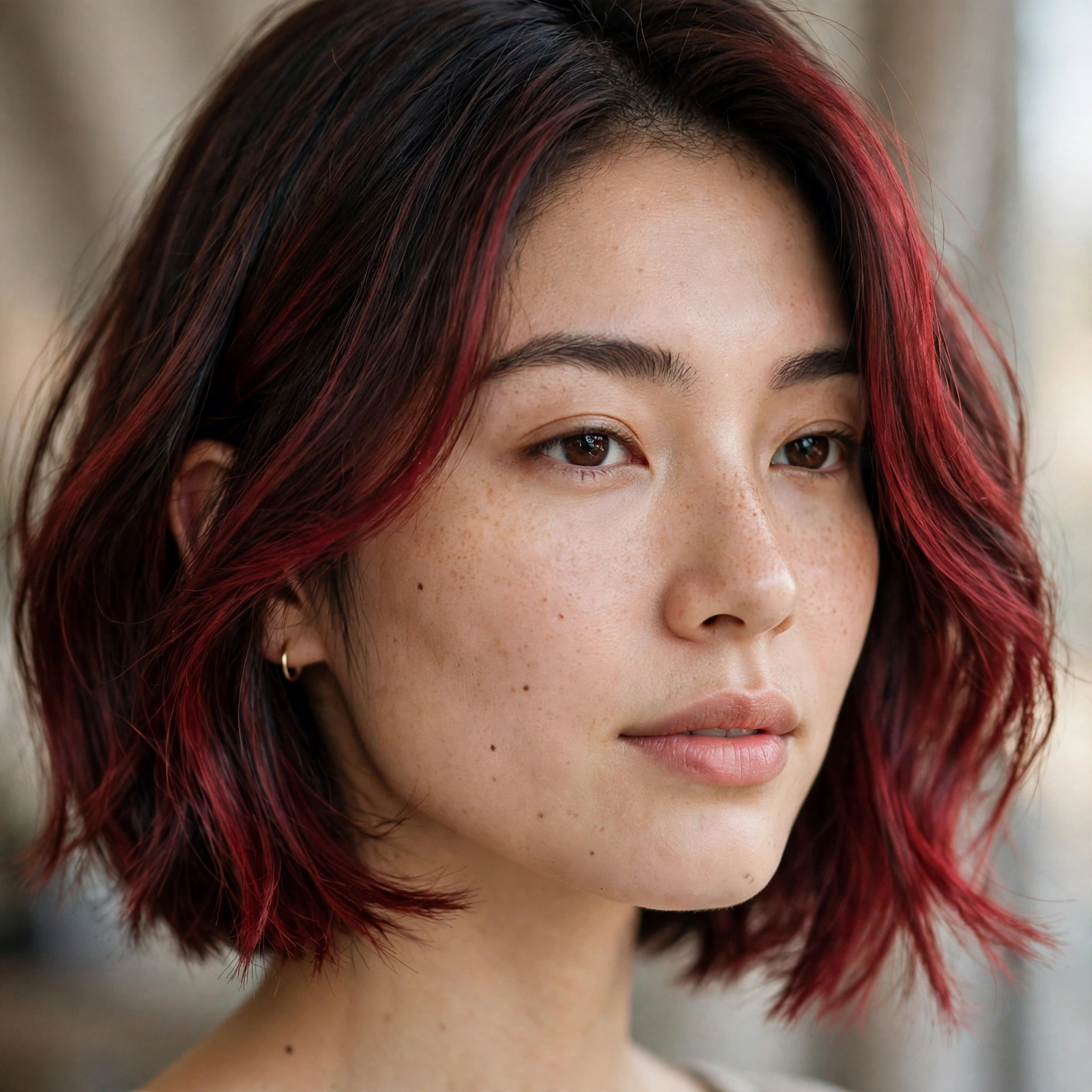 Cherry red balayage on dark bob