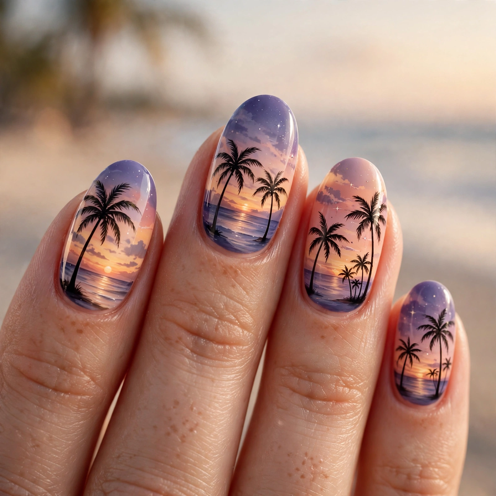 Palm tree sunset beach nail art
