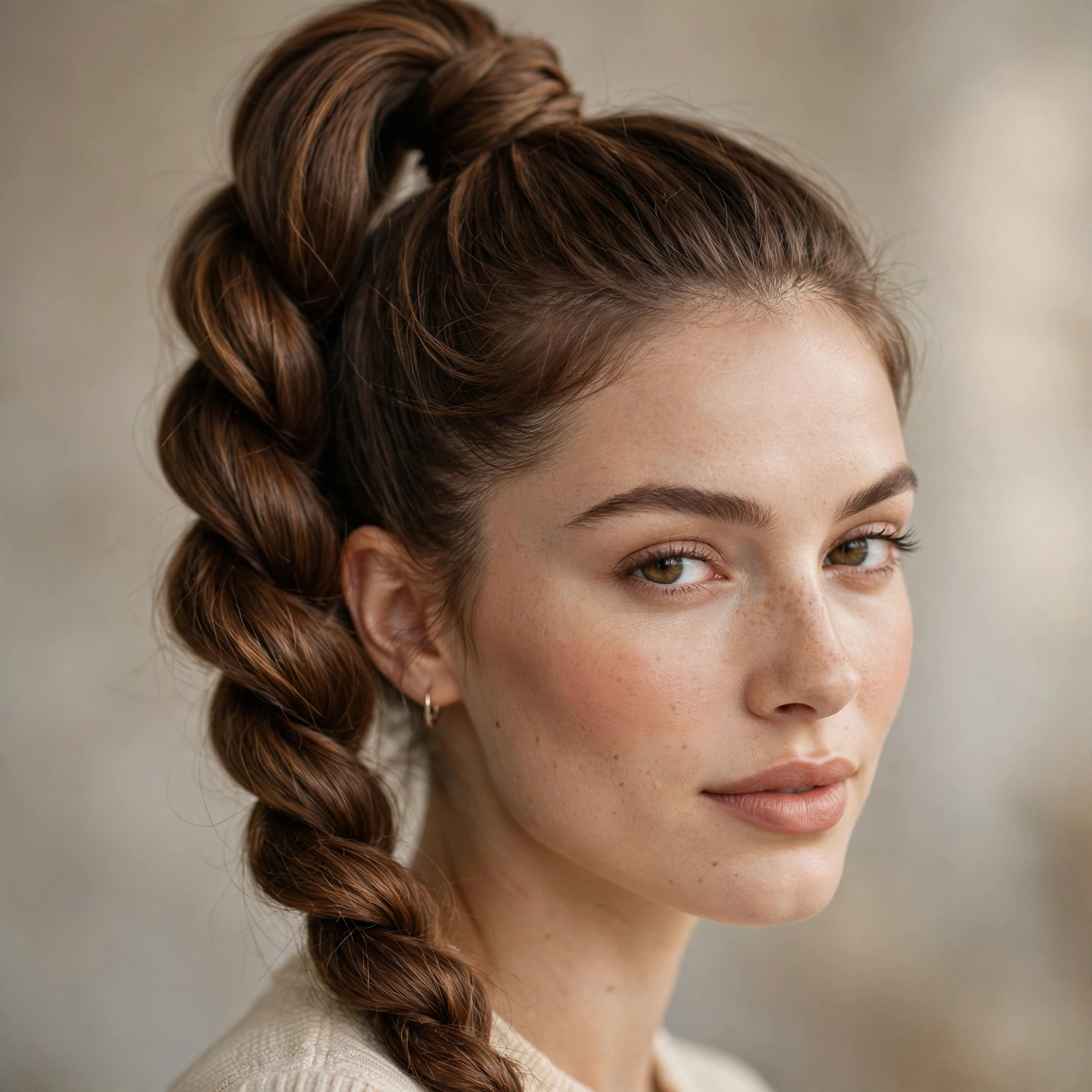 High ponytail twisted into a rope braid