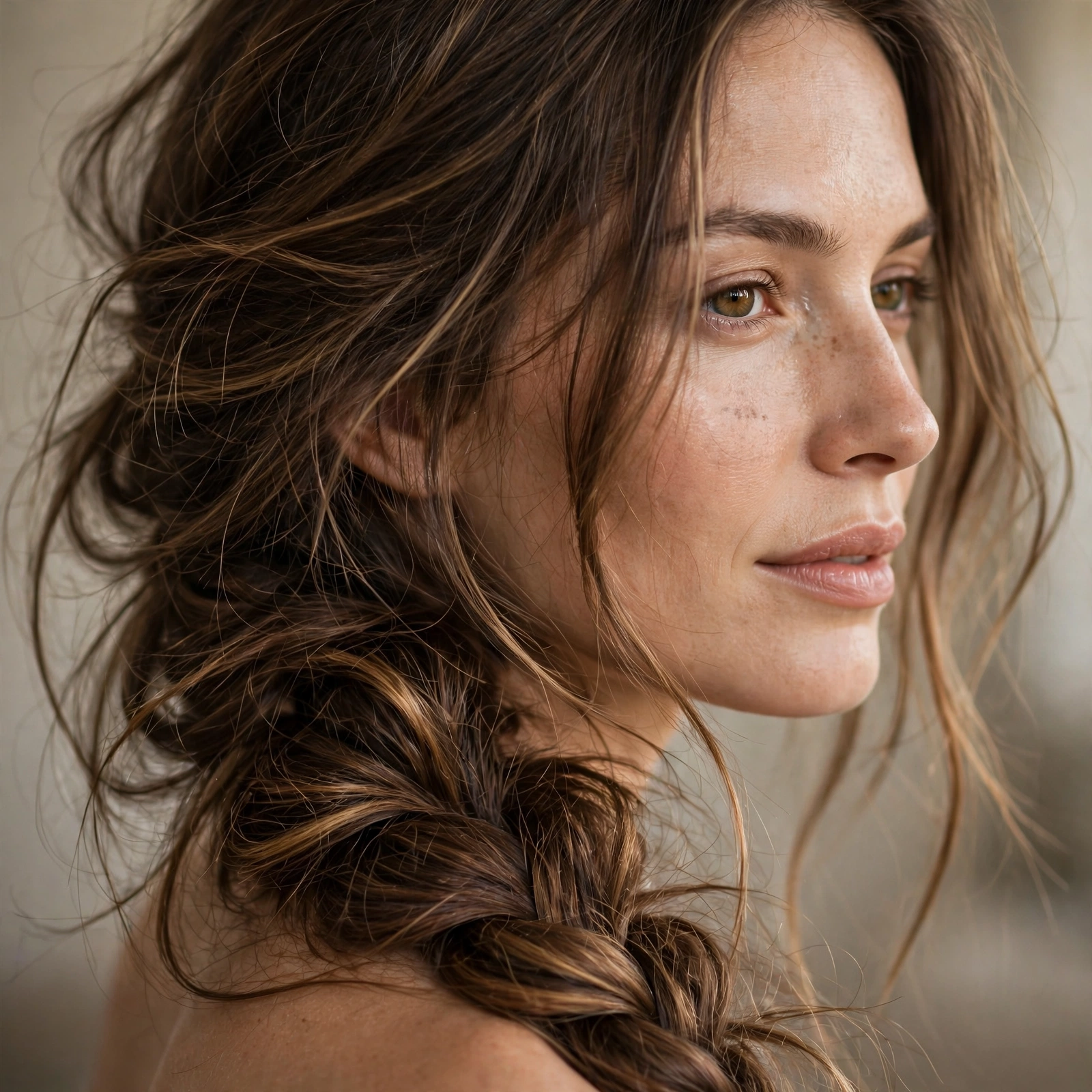Loose messy side braid on long hair