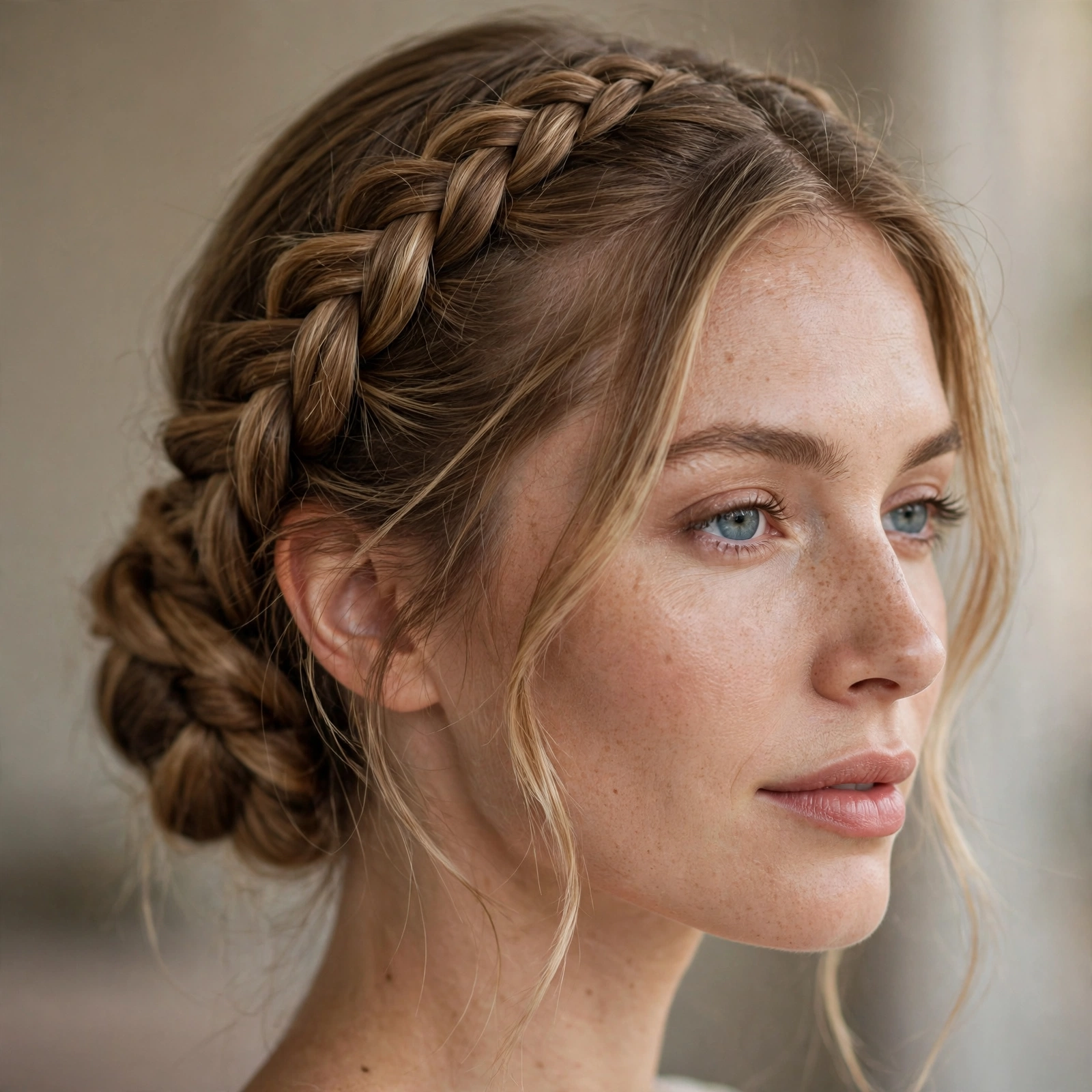 Dutch crown braid wrapped into a low chignon