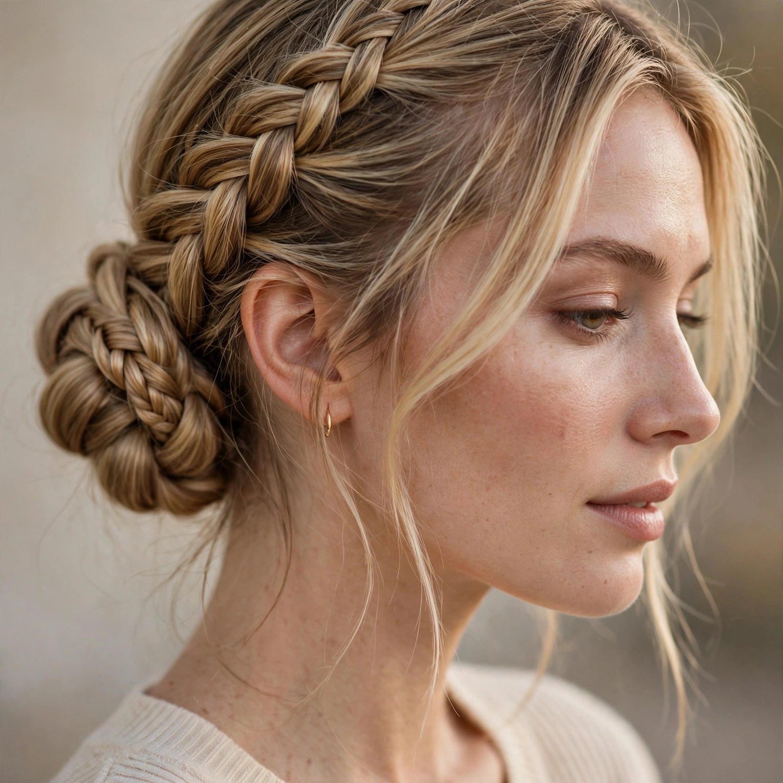 Fishtail braid folded into a low chignon
