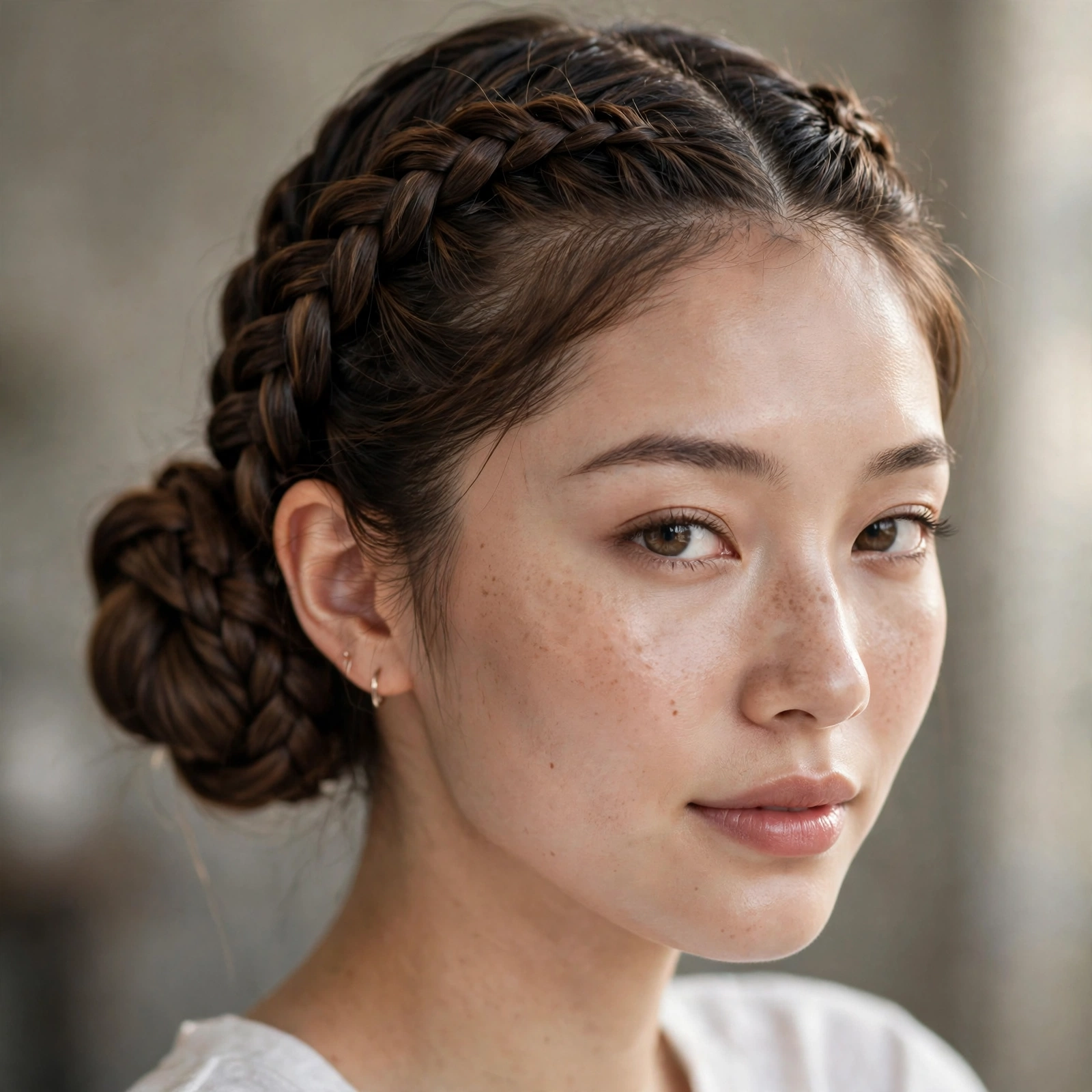Double Dutch braids swept into a rolled bun
