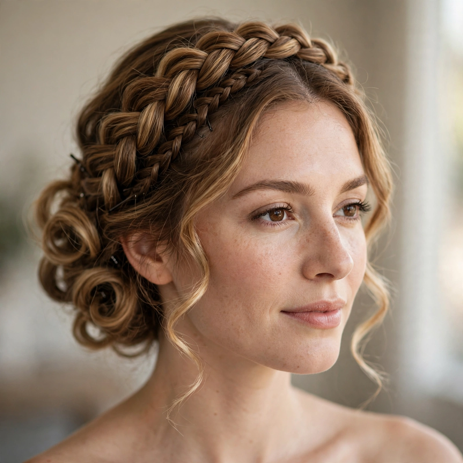 Braided halo with soft curls pinned up beneath