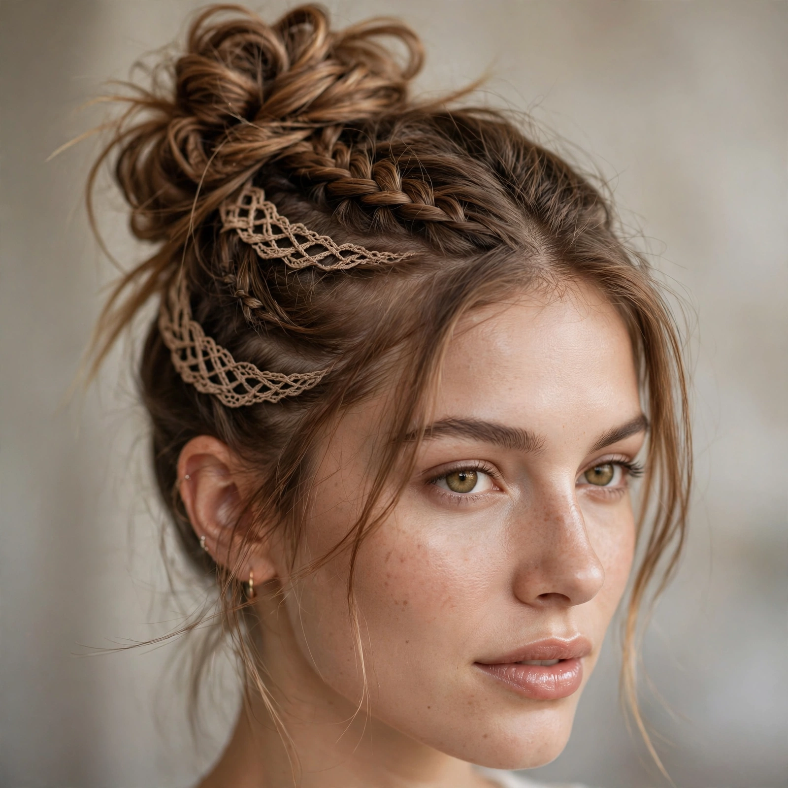 Lace braid sweeping into a textured topknot