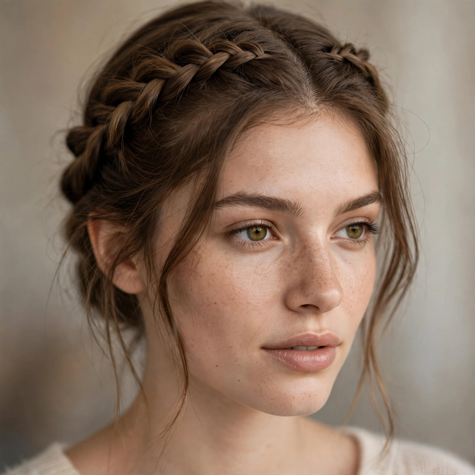 Soft modern milkmaid braids pinned across the crown