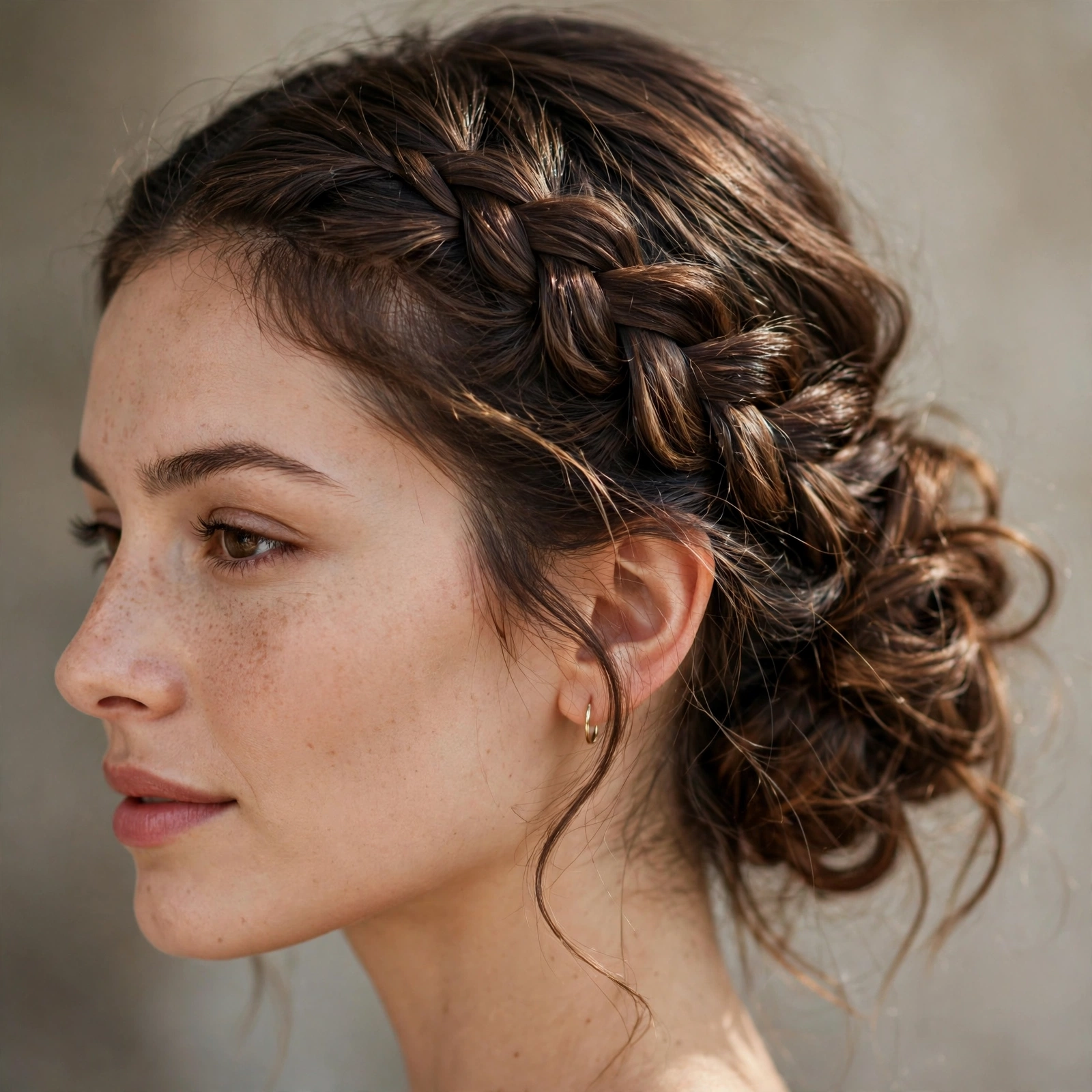 Side Dutch braid flowing into a messy chignon