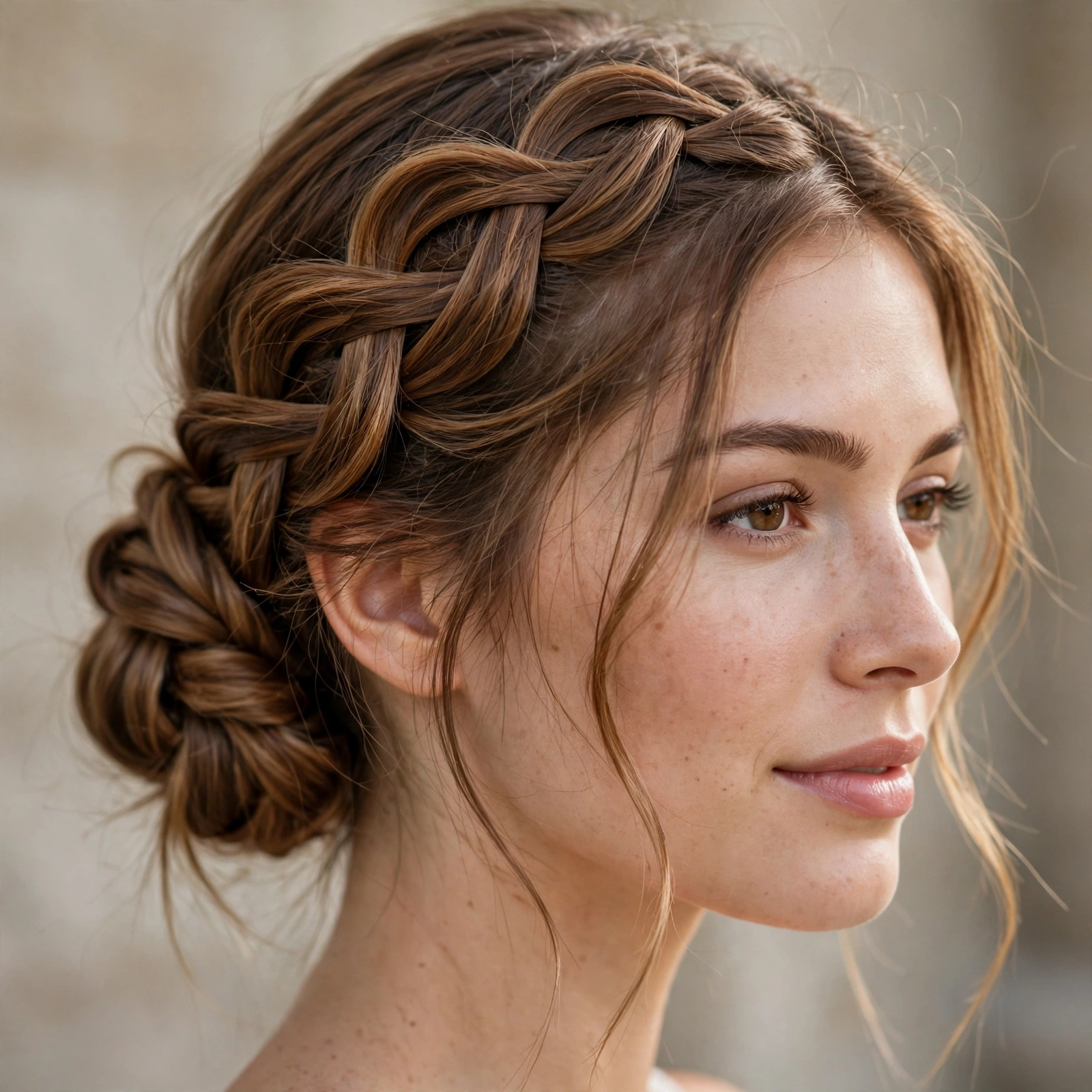 Infinity braid twisted into a low bun