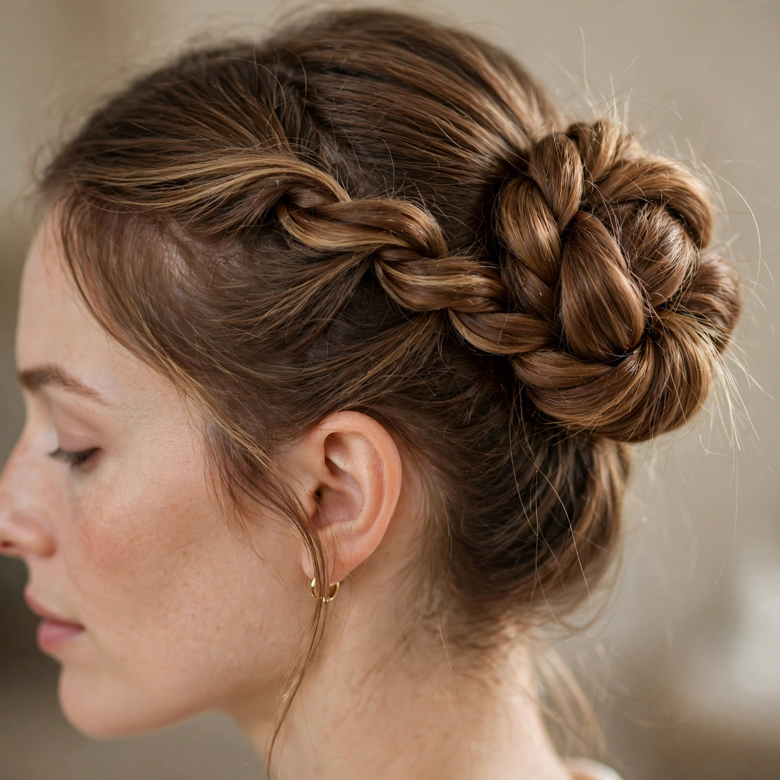Rope twist braid coiled into a knotted bun