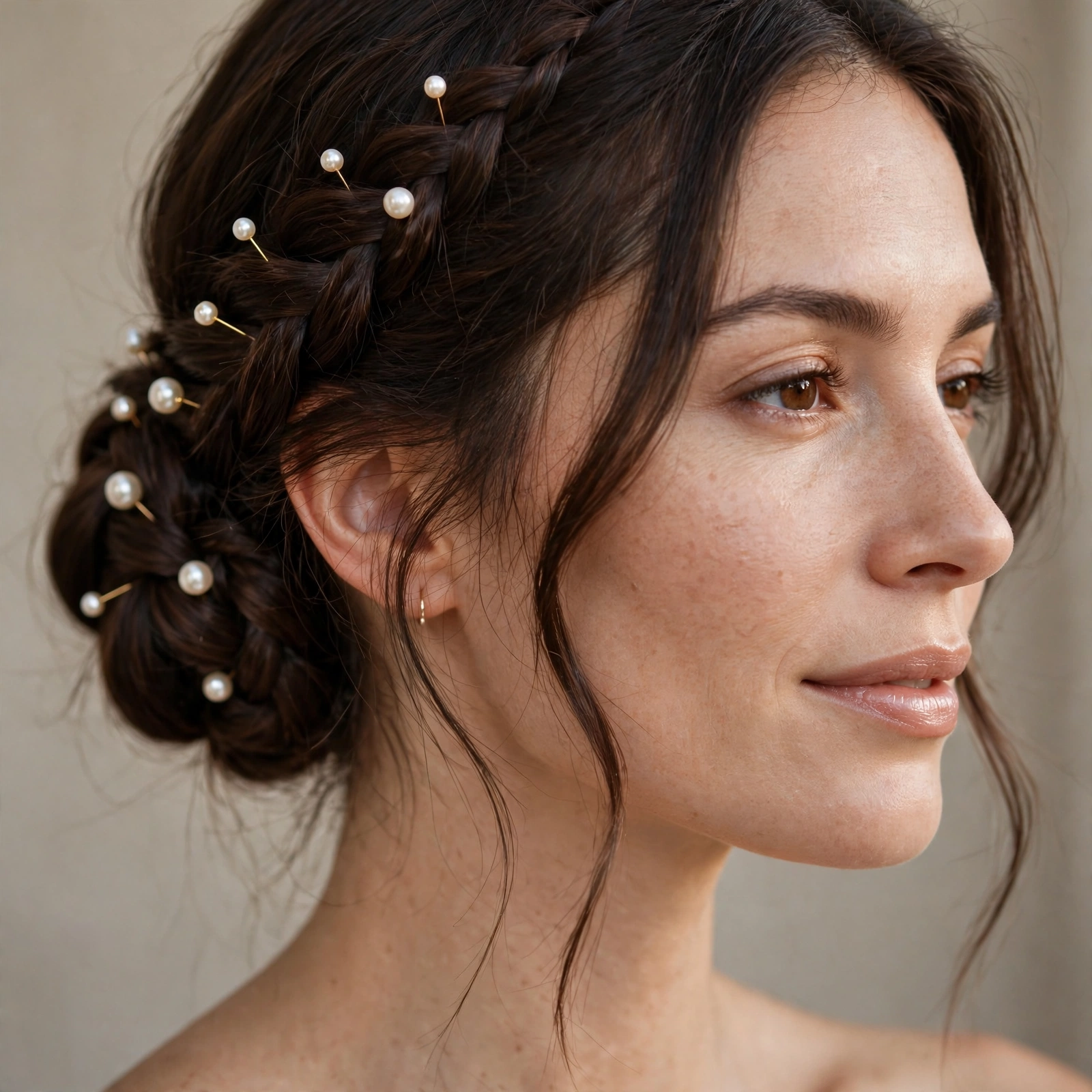 Low braided updo decorated with pearl pins