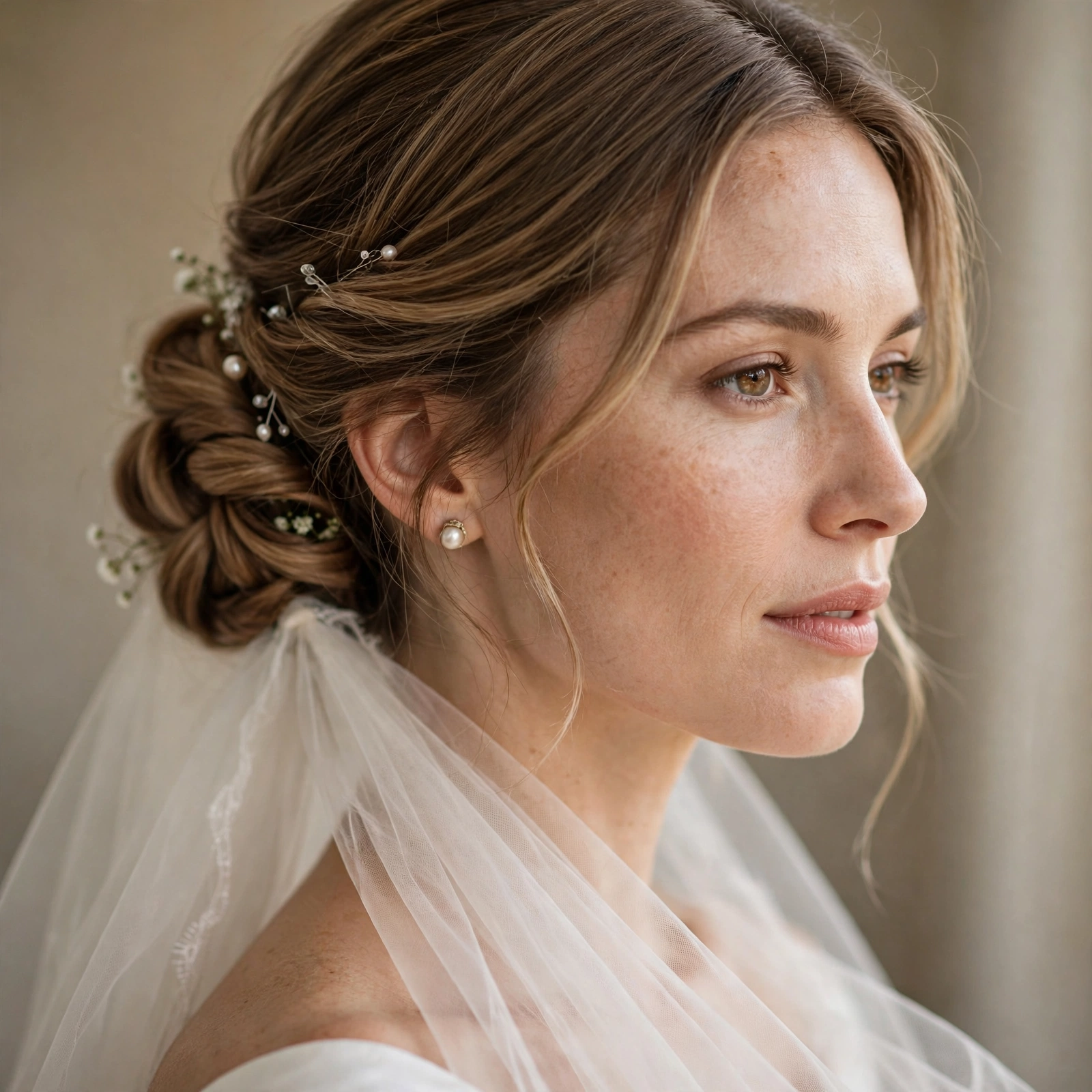 Low bridal updo styled for veil placement
