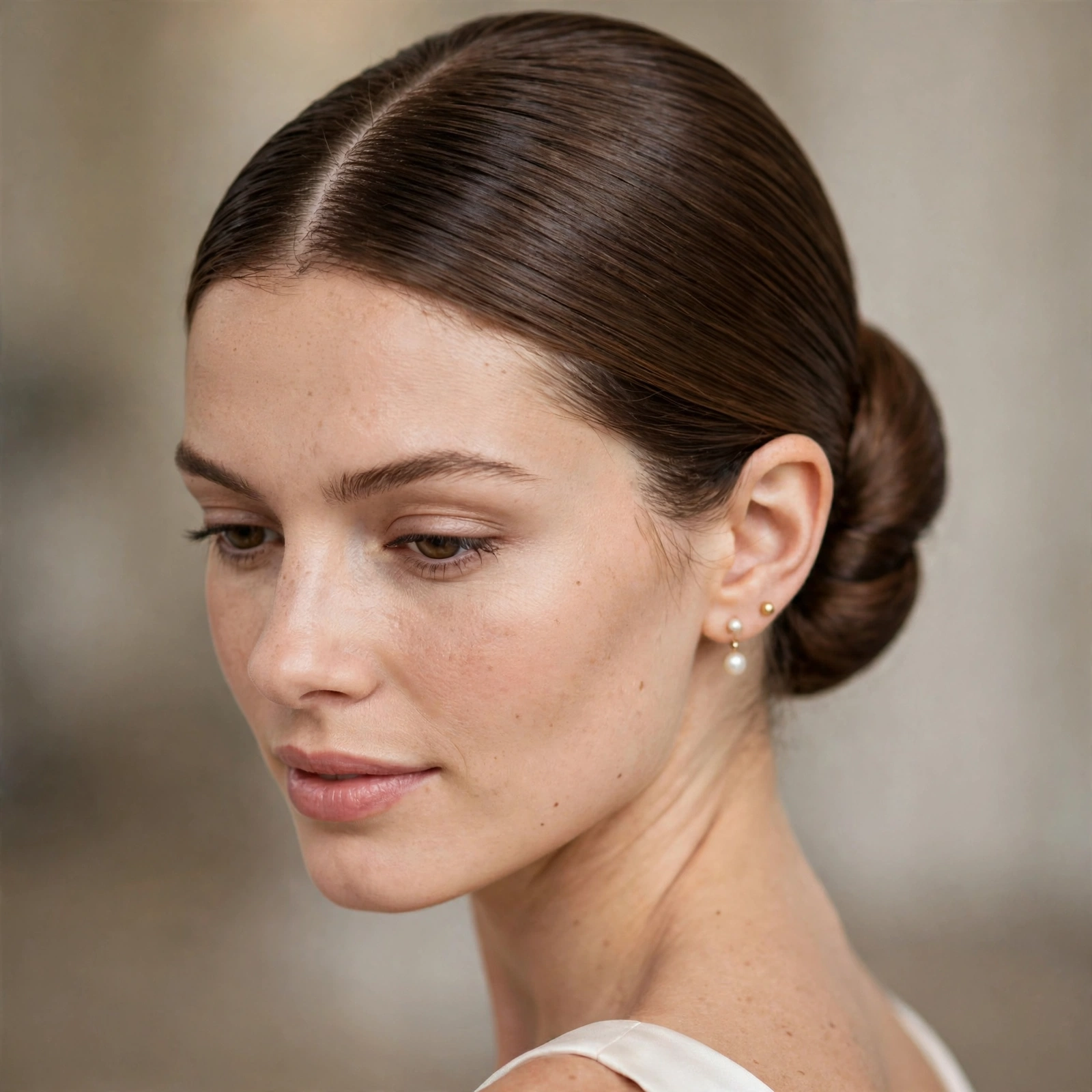 Sleek center-part chignon bridal updo
