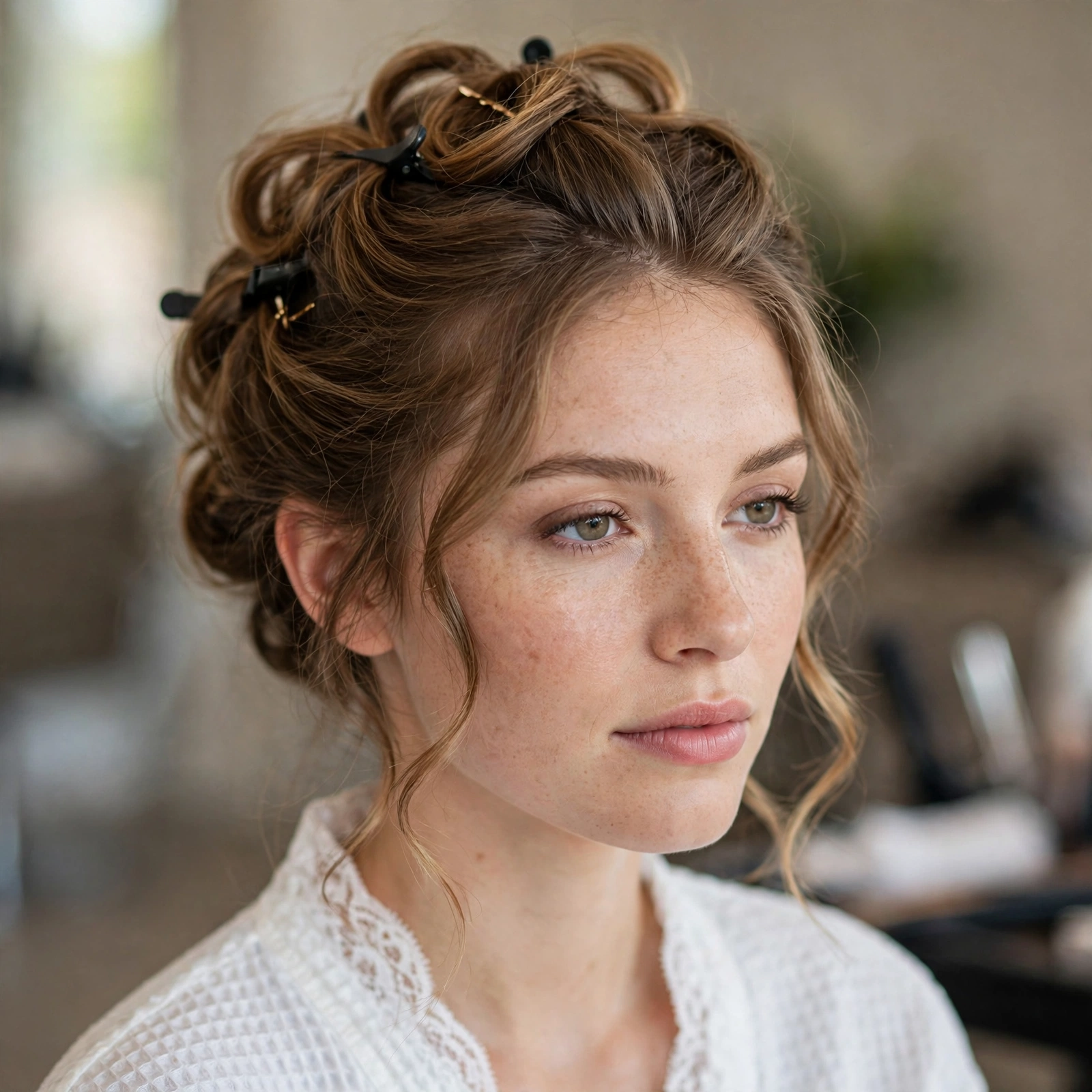 Bride at hair trial choosing updo style