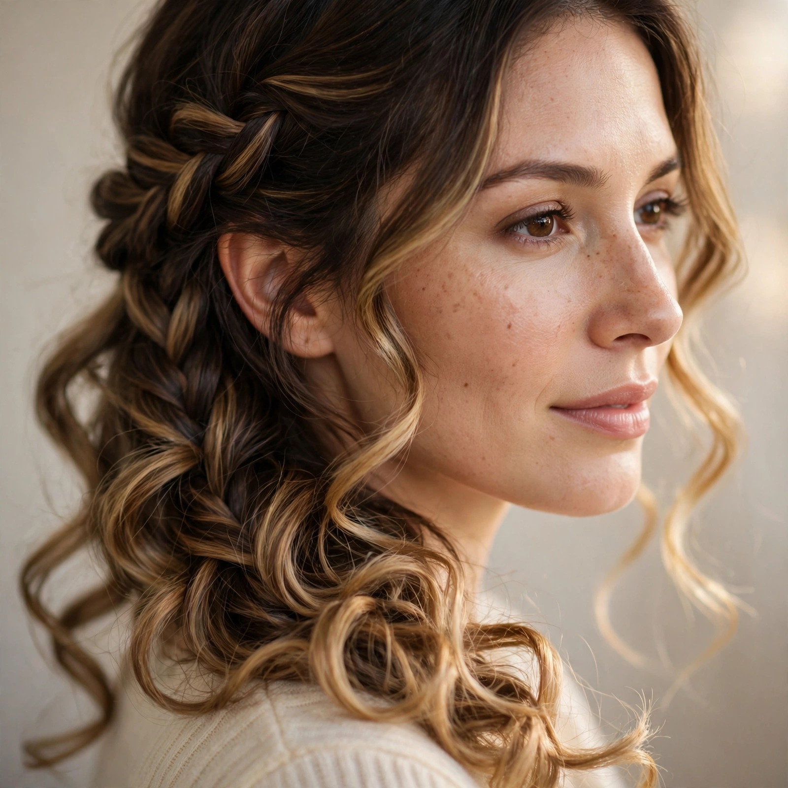 Side braid flowing into soft curls