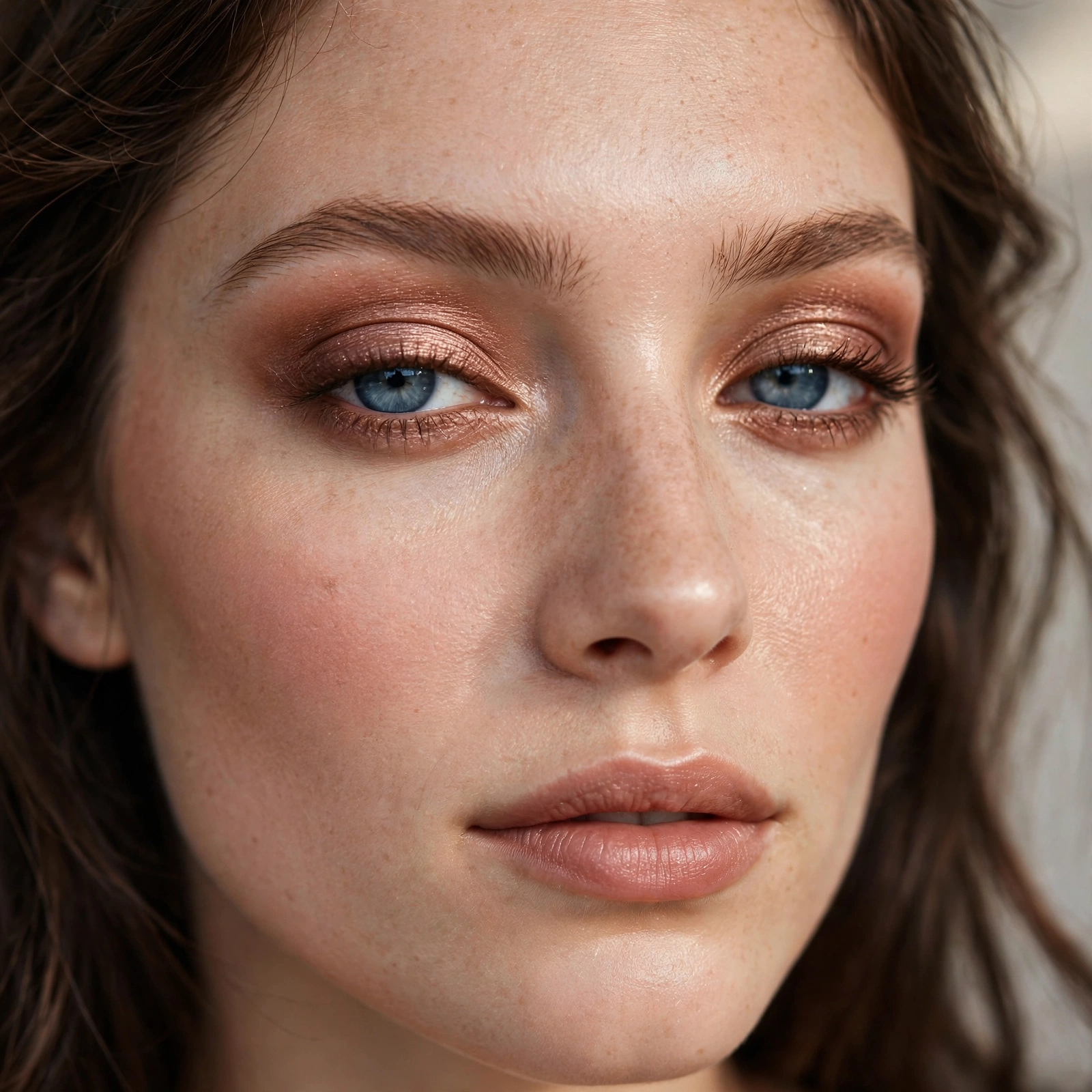 Rose bronze eyeshadow on blue eyes