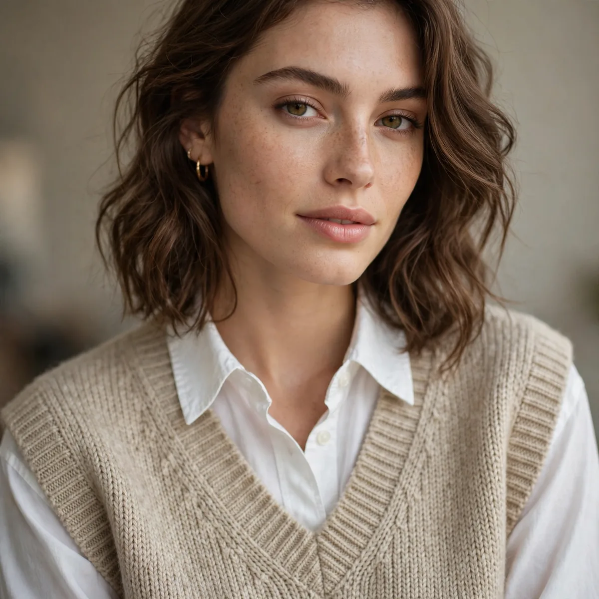 Sweater vest layered over button down shirt