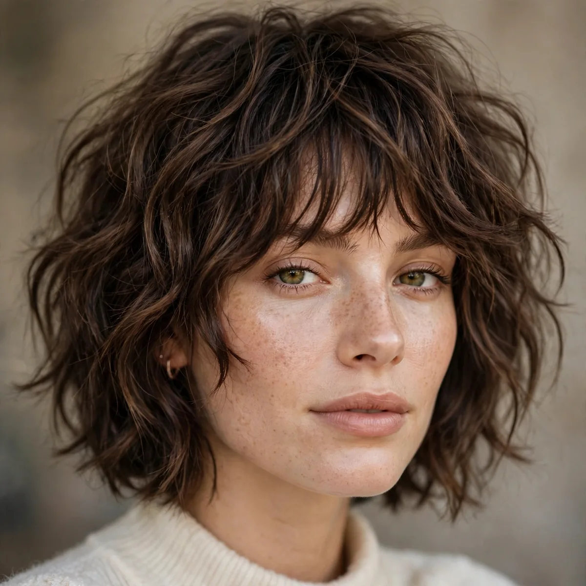 Shaggy choppy bob with lots of layers on wavy hair