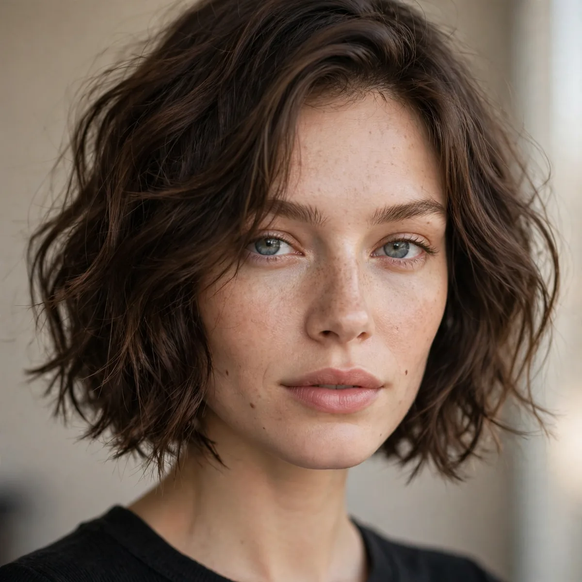 Razor cut choppy bob with wispy ends on wavy hair