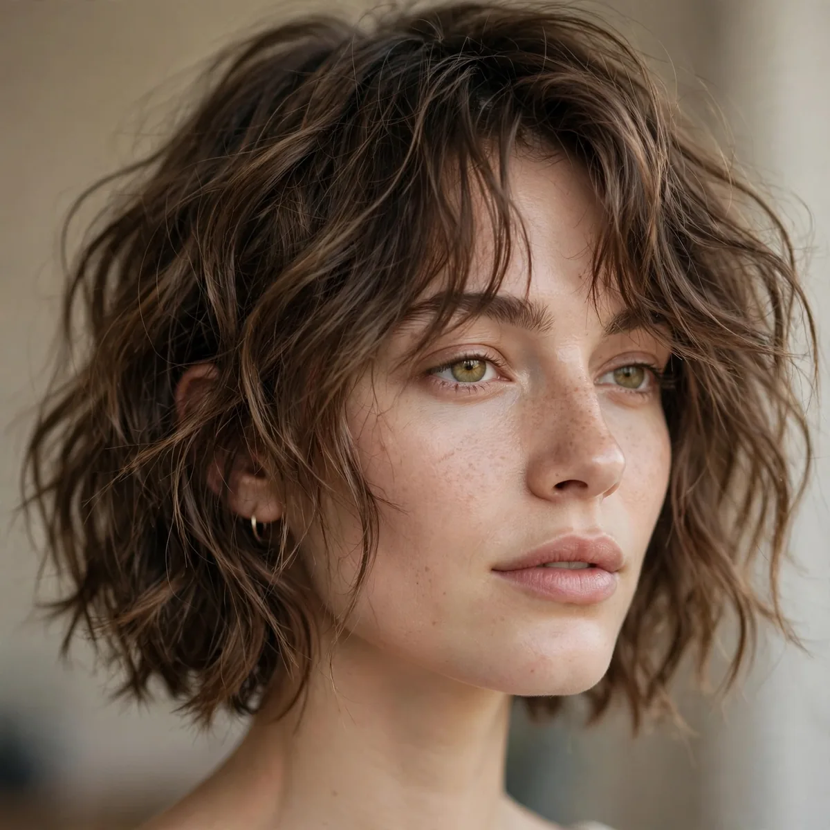 Messy French inspired choppy bob on wavy hair