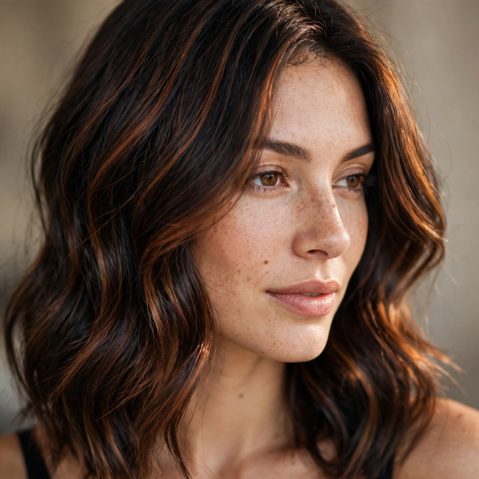 Cinnamon tones on dark brunette hair