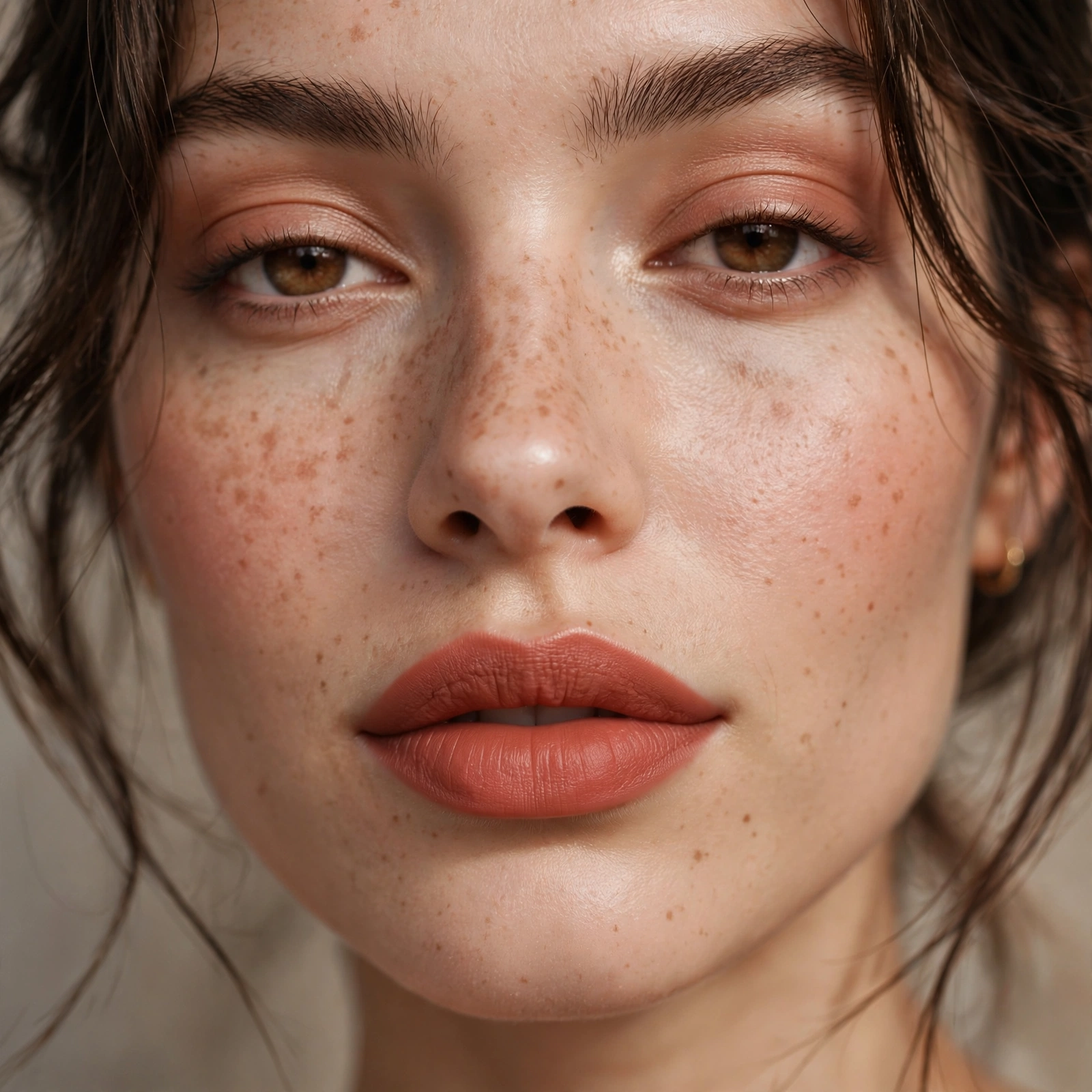 Muted terracotta coral lipstick