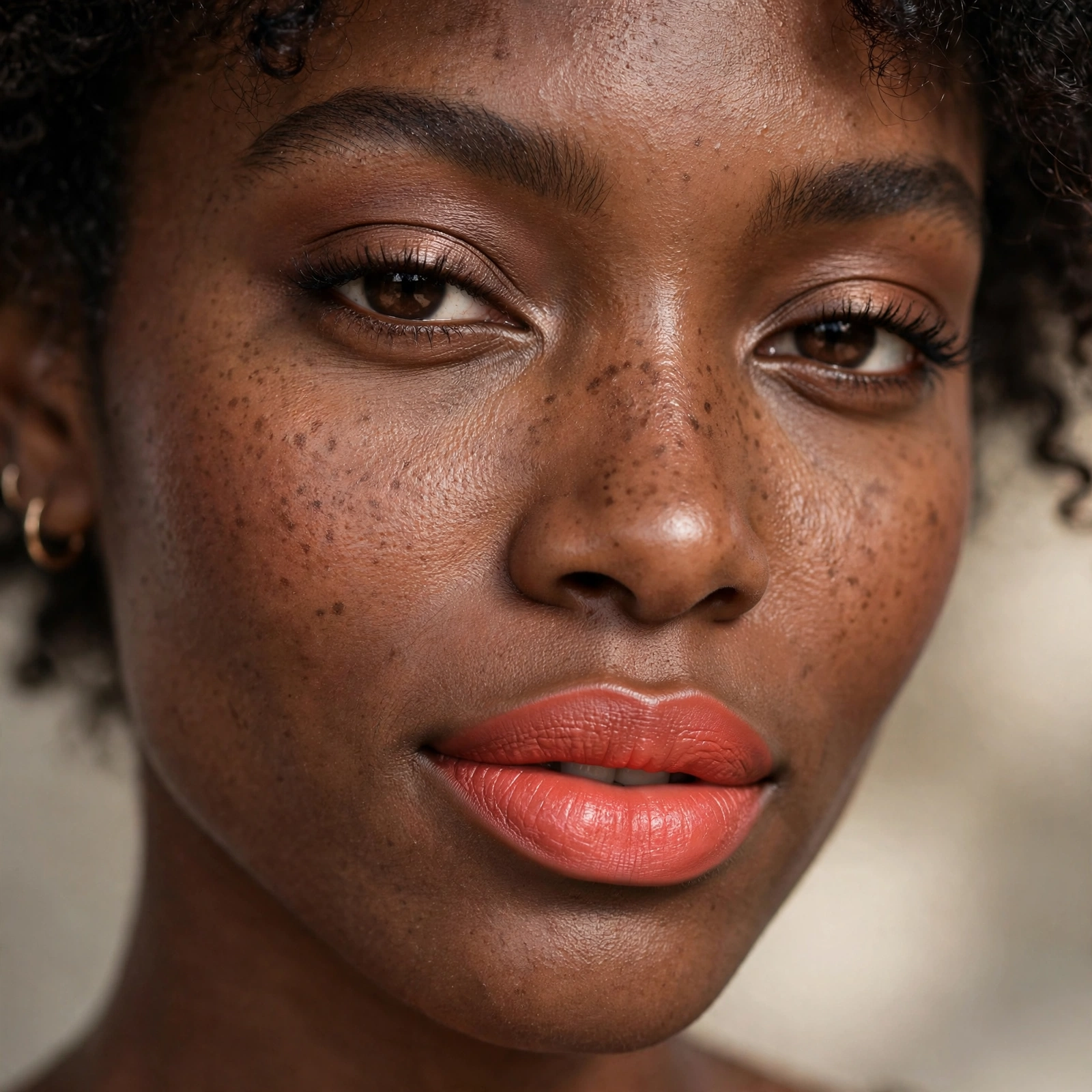 Coral lipstick on deep skin