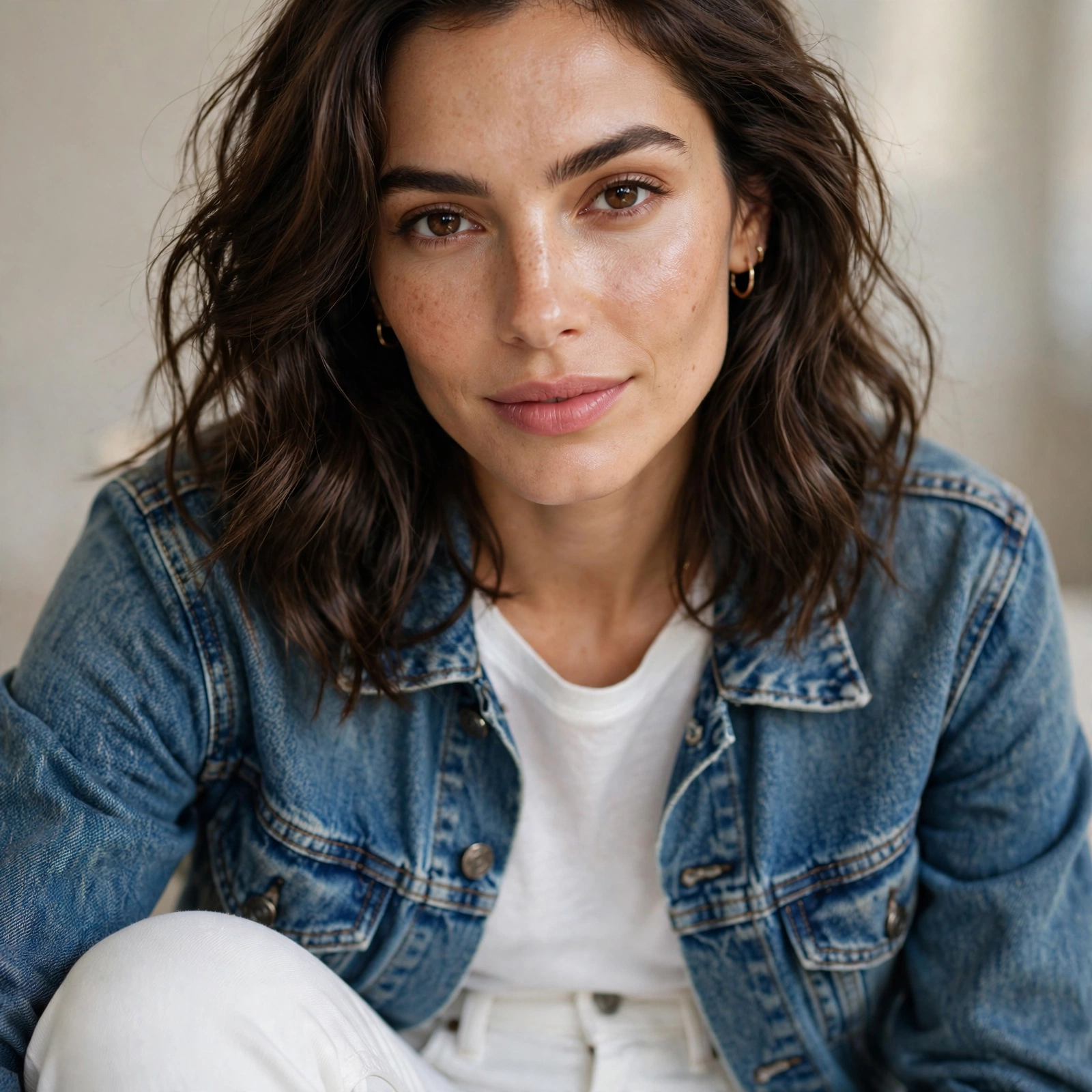 Denim jacket with white jeans