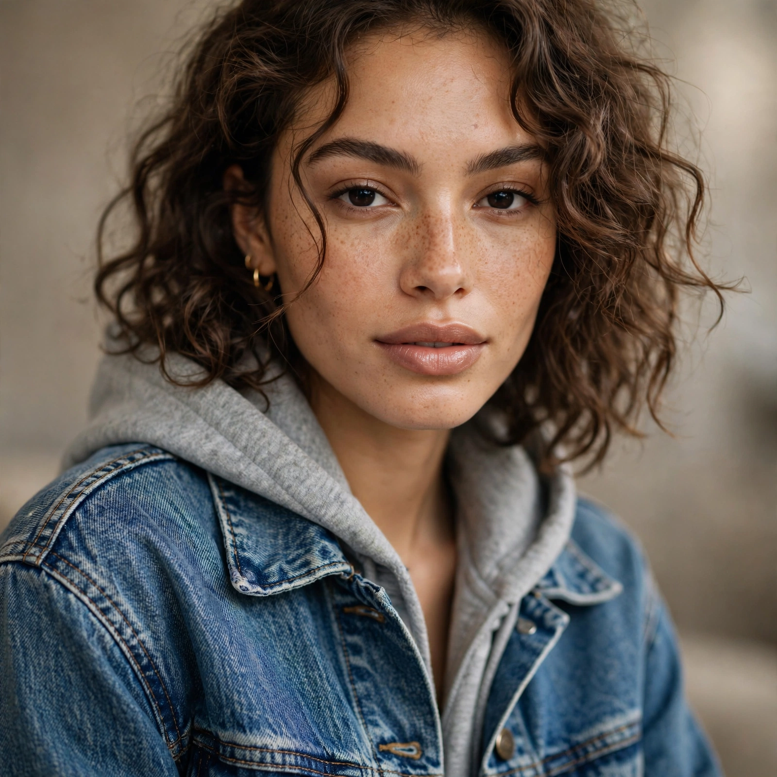Denim jacket layered over hoodie