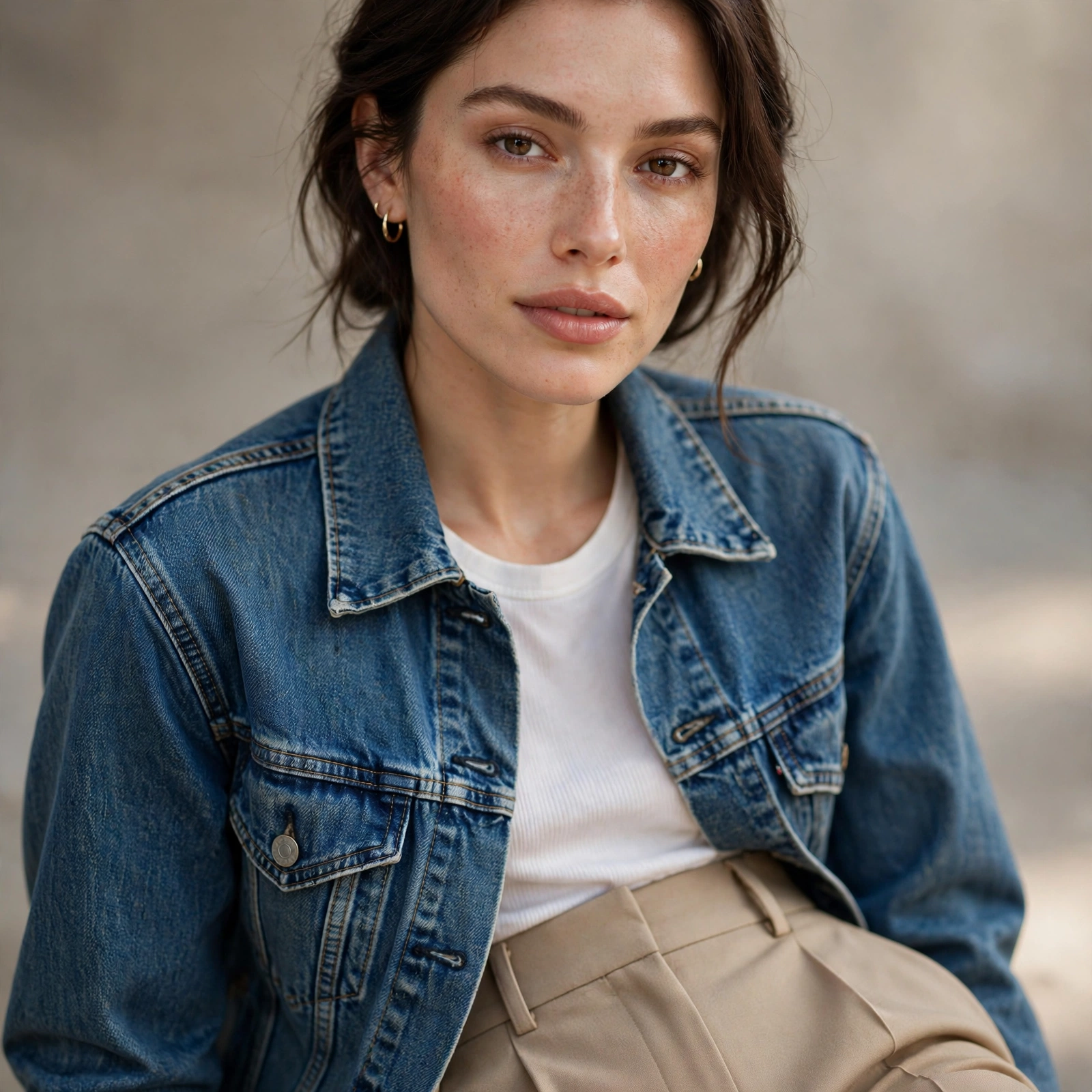 Denim jacket with tailored trousers