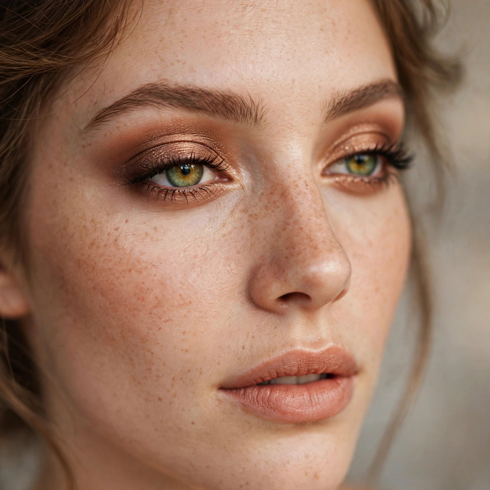 Bronze eyeshadow lid on green eyes