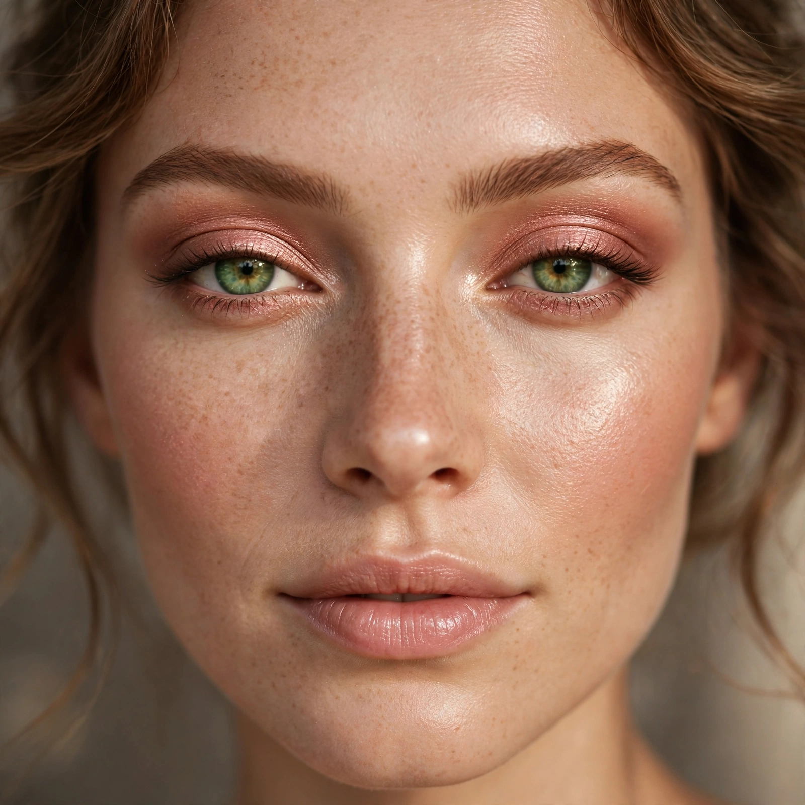 Rose gold eyeshadow on green eyes