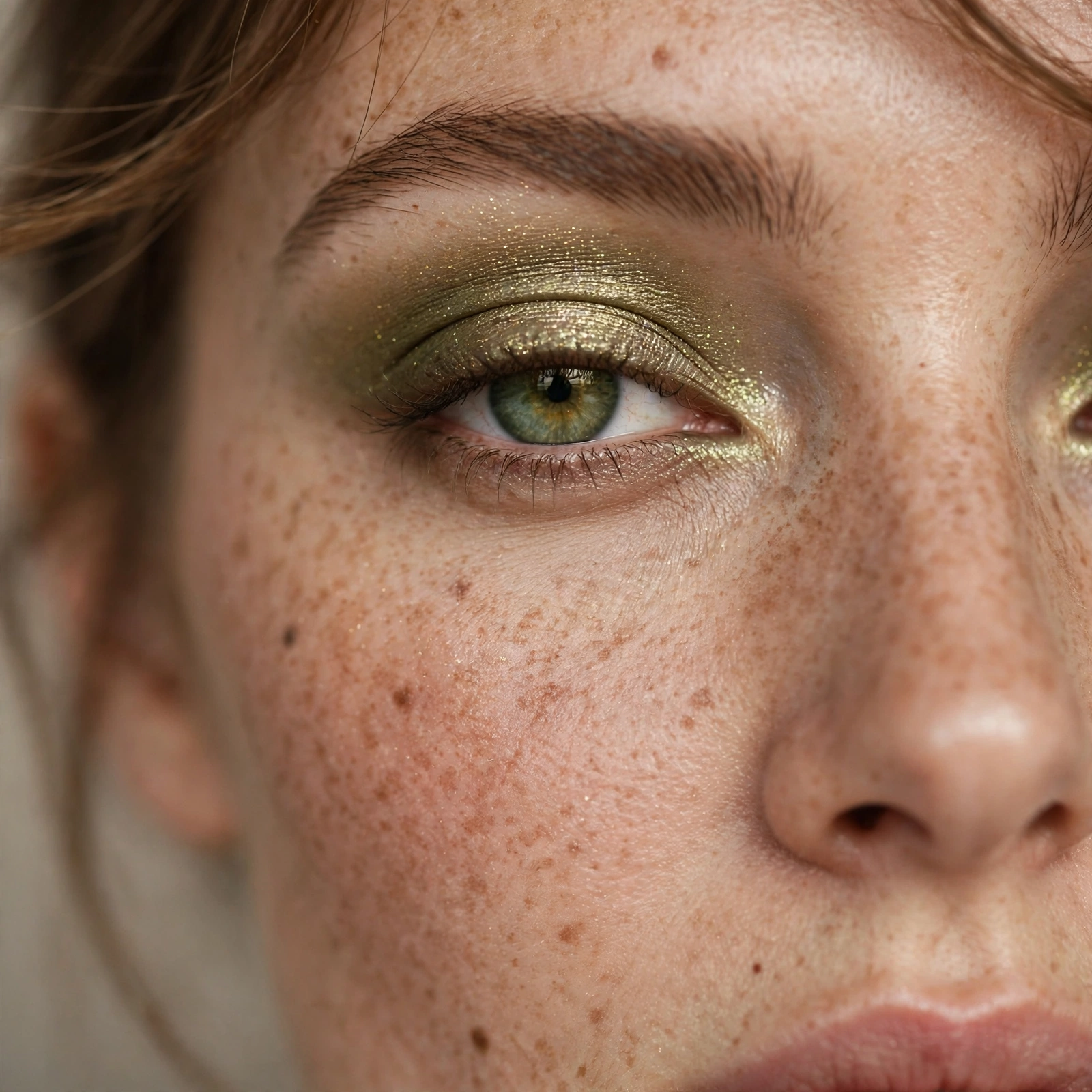 Olive shimmer eyeshadow on green eyes