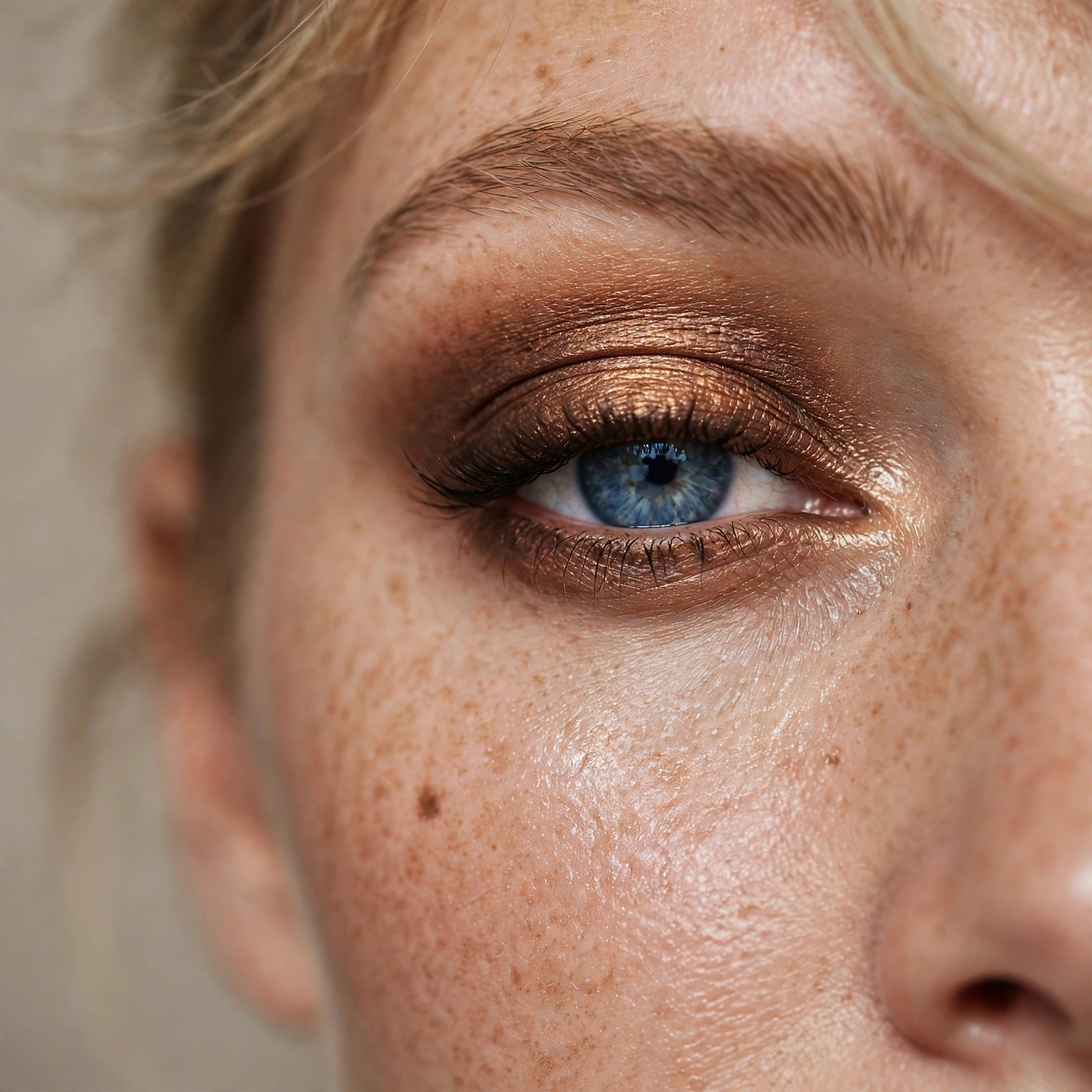 Warm bronze smokey eye on blue eyes