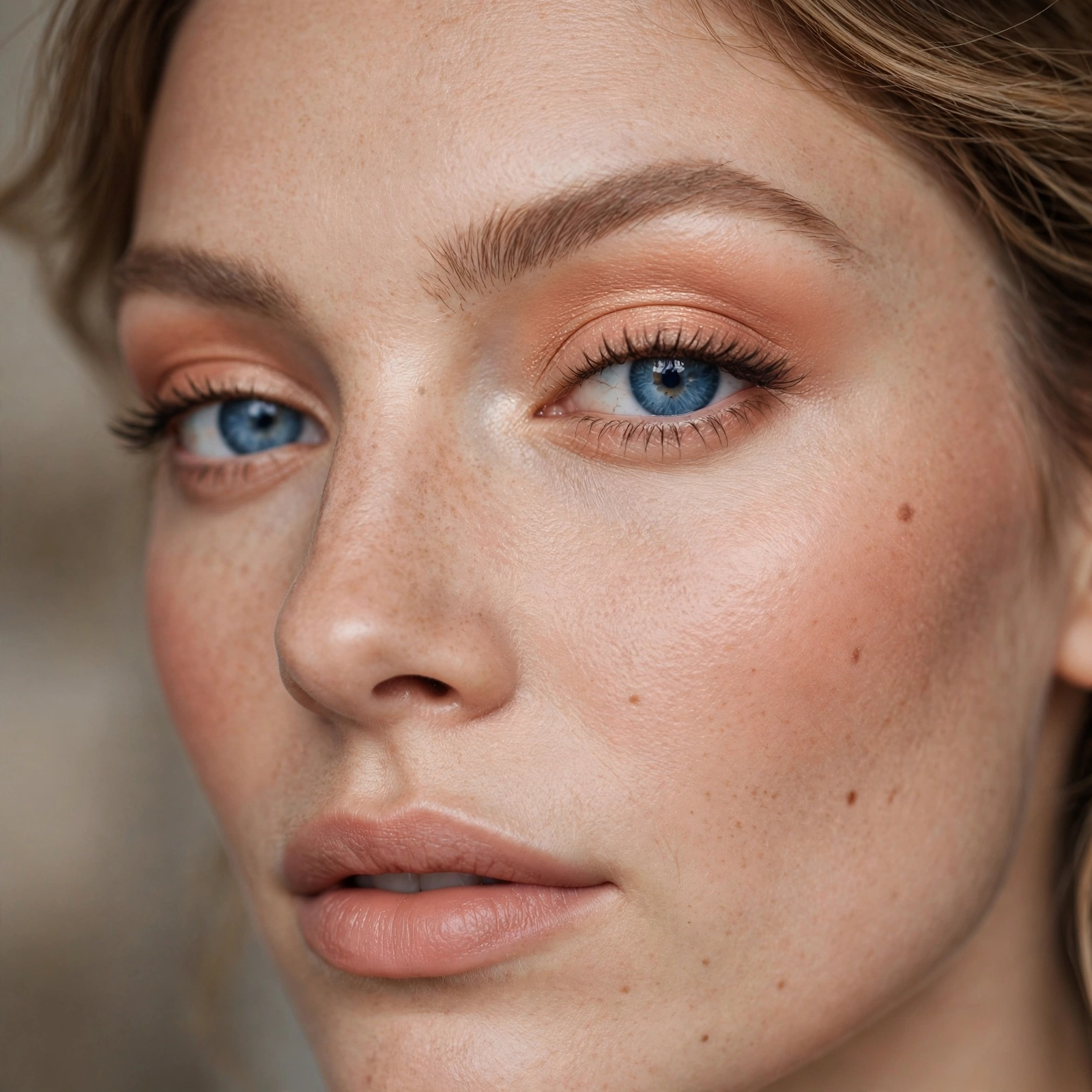 Peach eyeshadow in the crease on blue eyes