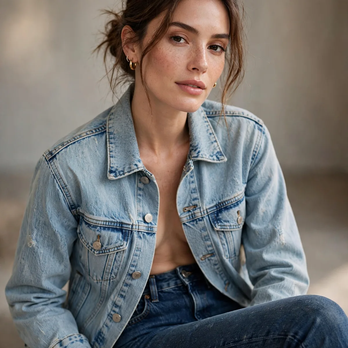 Denim jacket with jeans in different washes