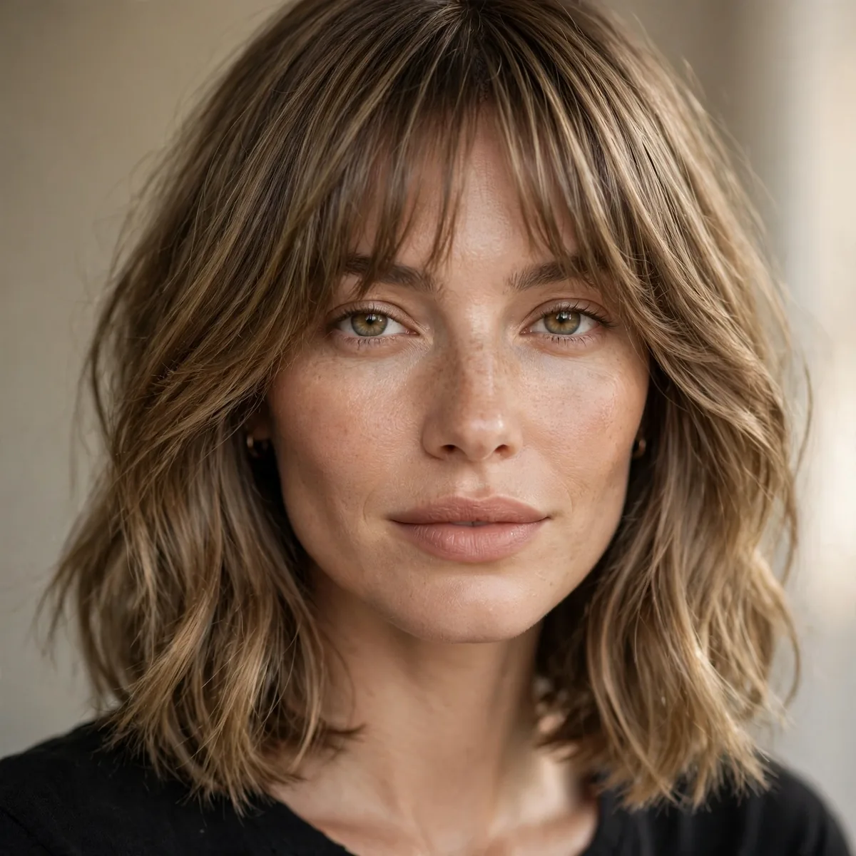 Longer French bob at collarbone length with bangs