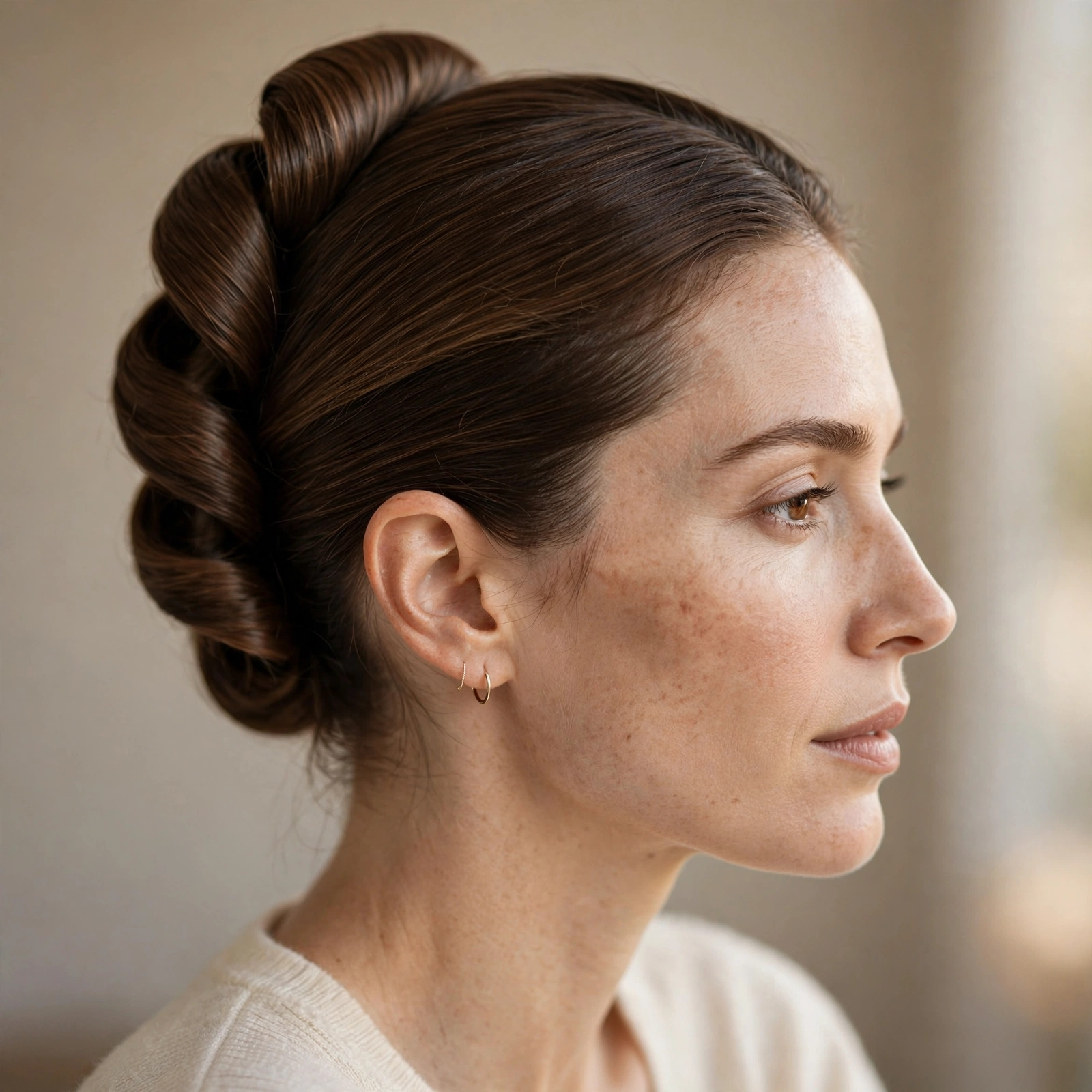 Classic sleek French twist from the side