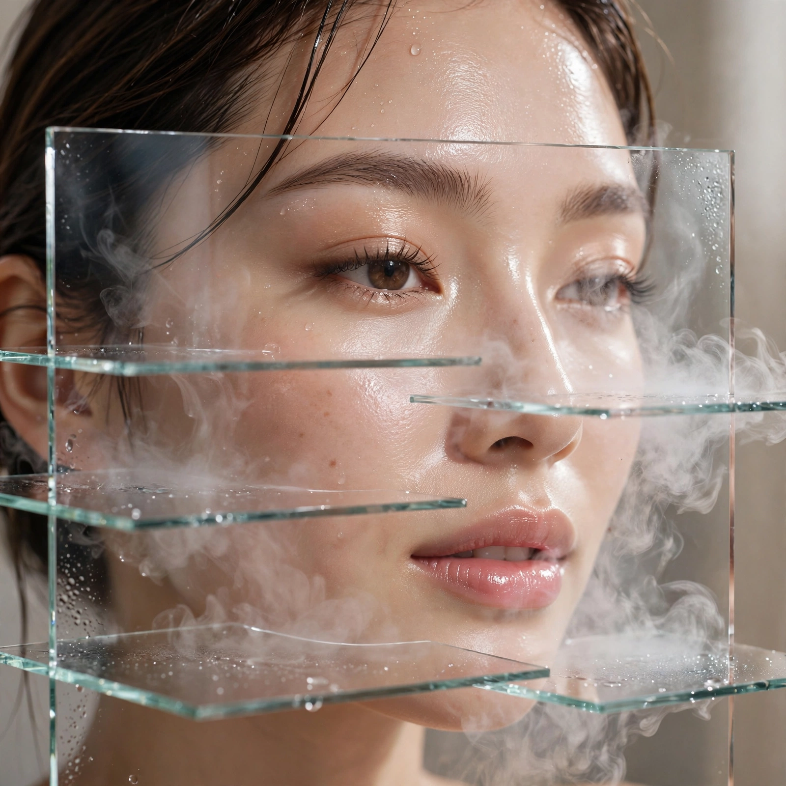 Facial mist between glass skin layers