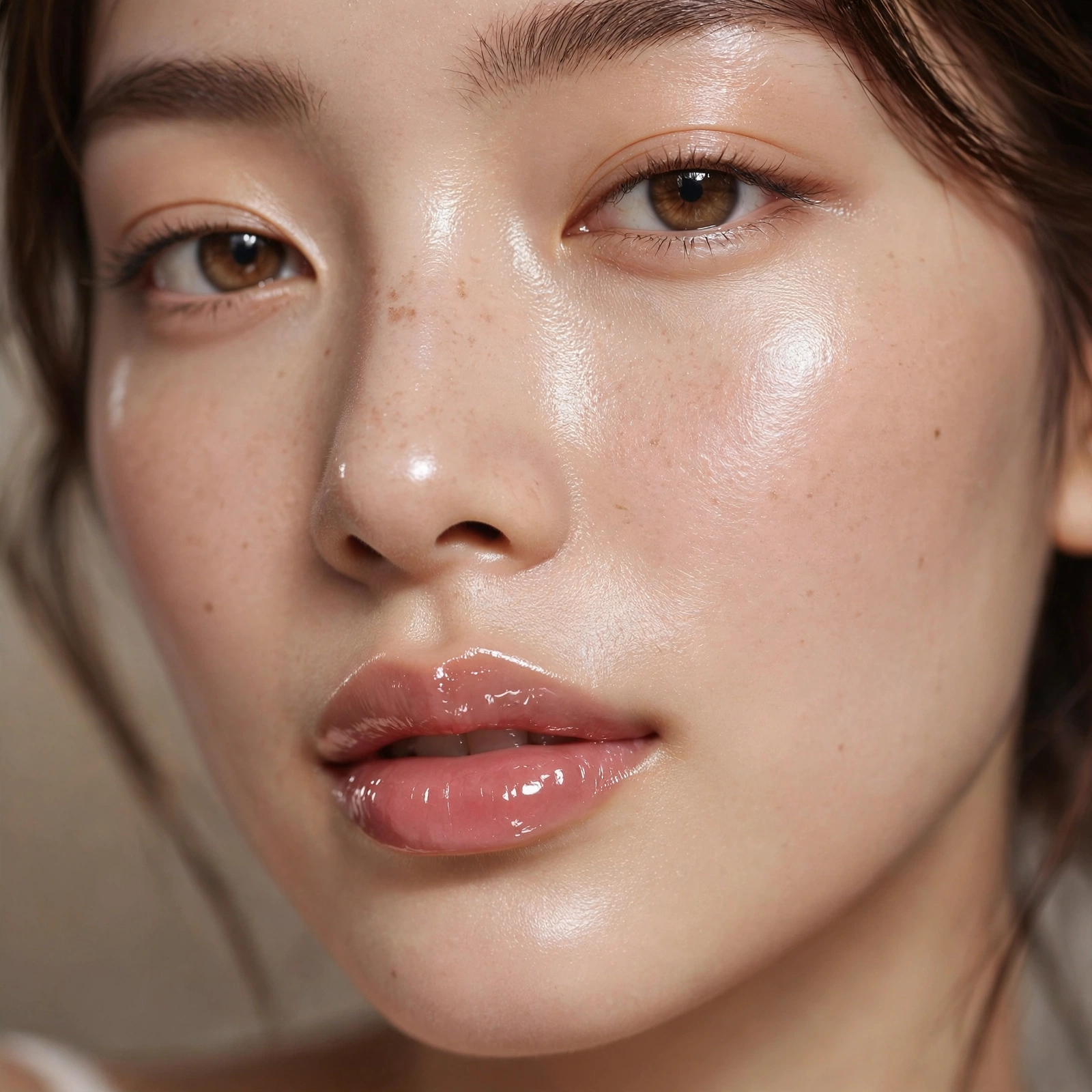 Glossy lips with glass skin