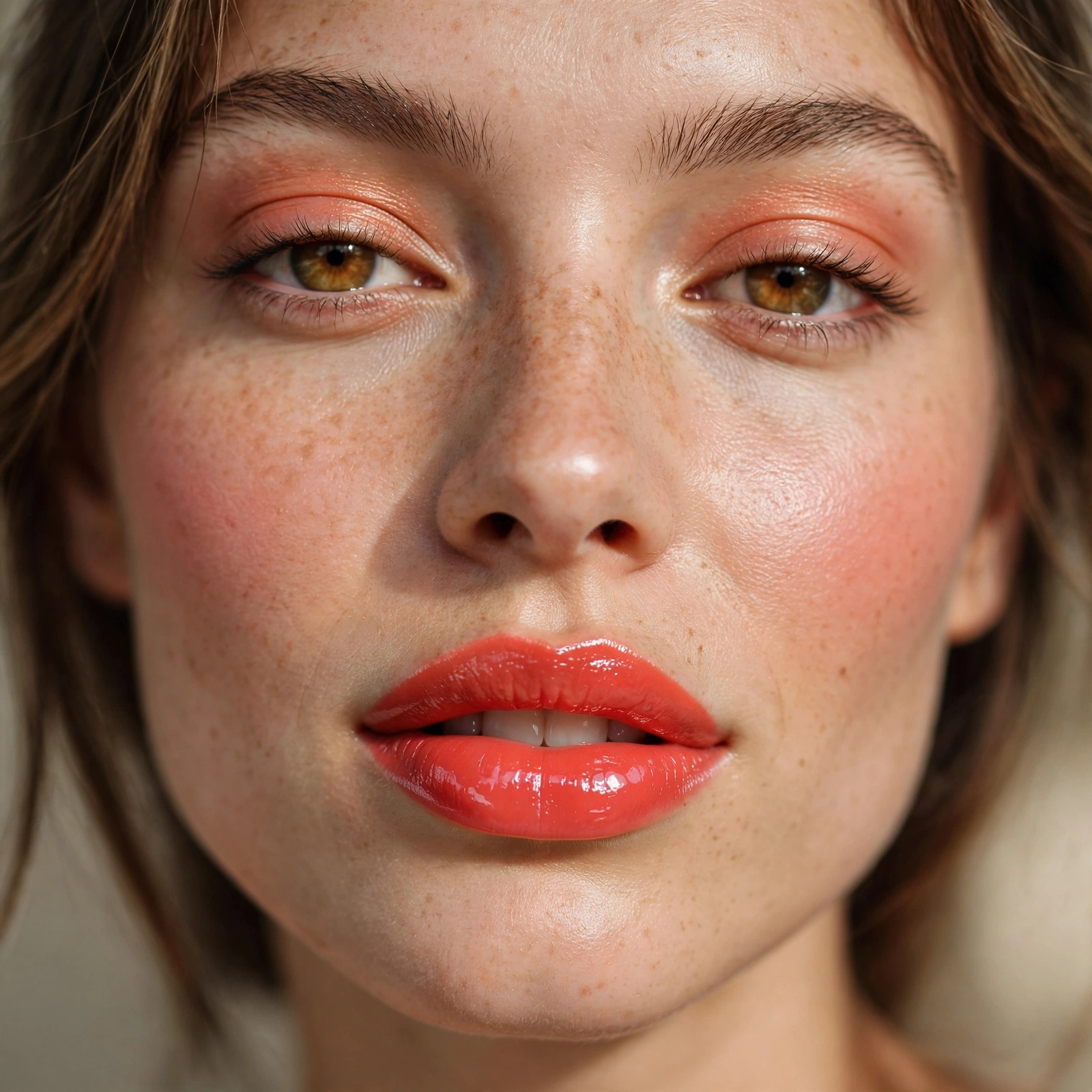 Coral gloss energetic lip look