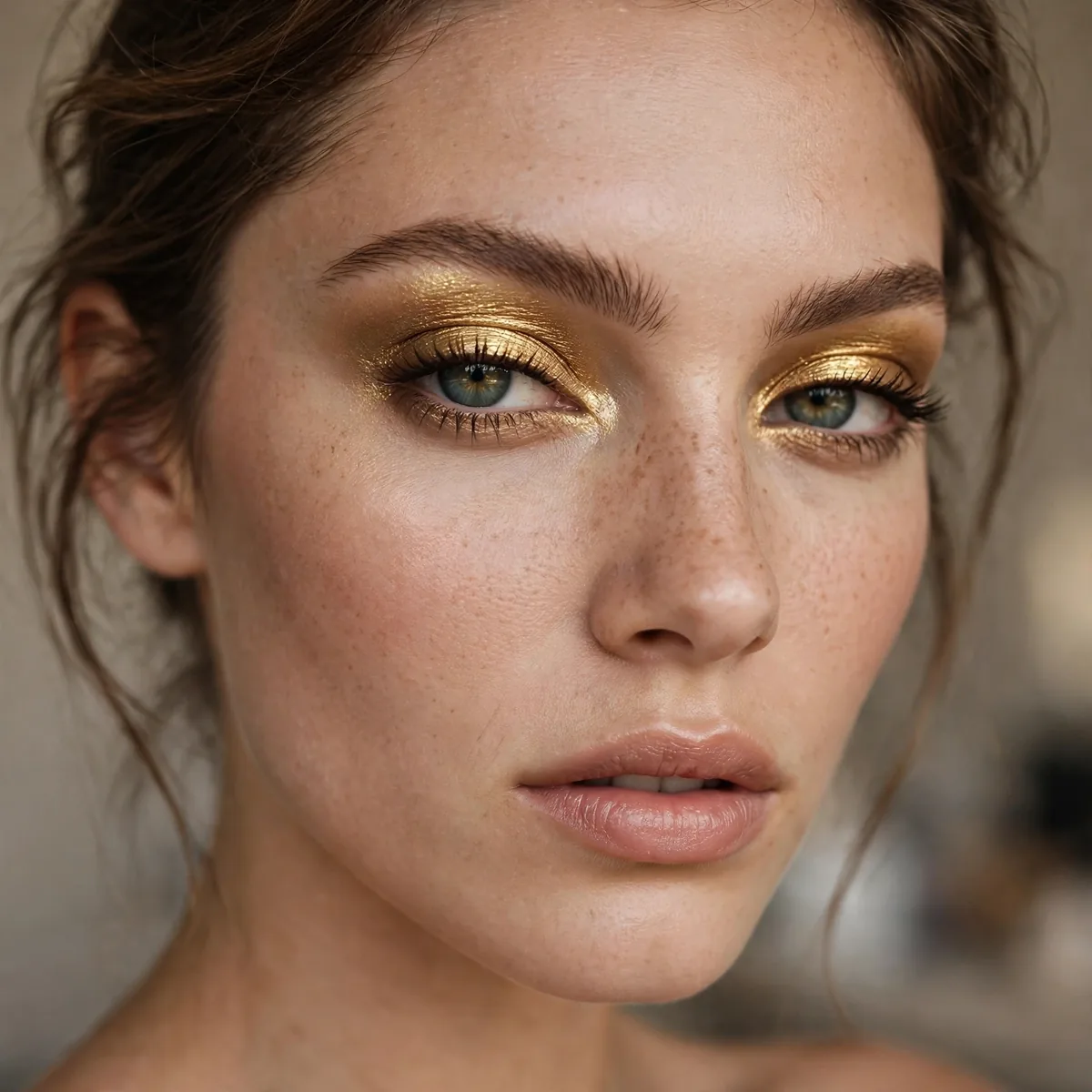 Foiled gold eyeshadow intense look