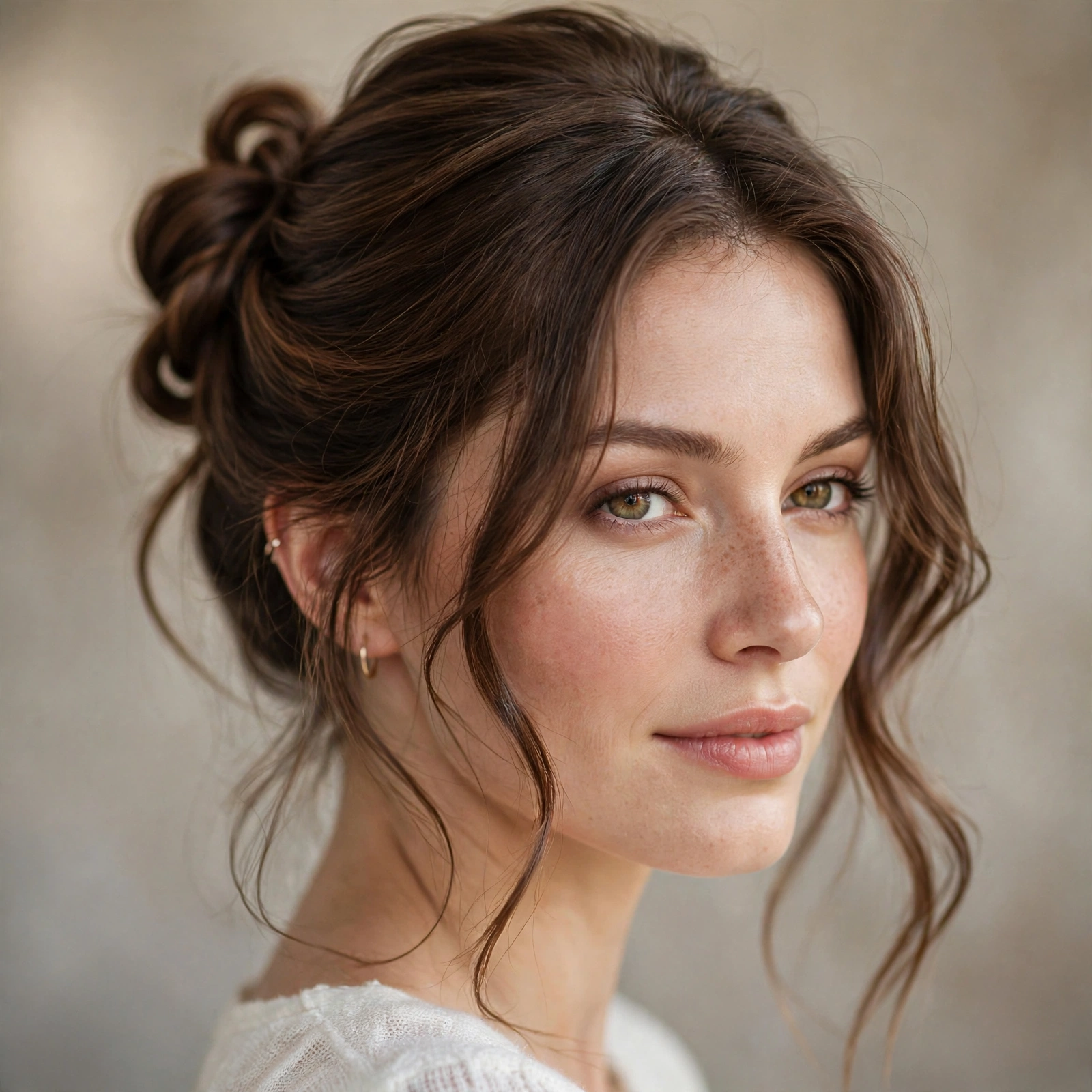 Half-up style with a small twisted chignon