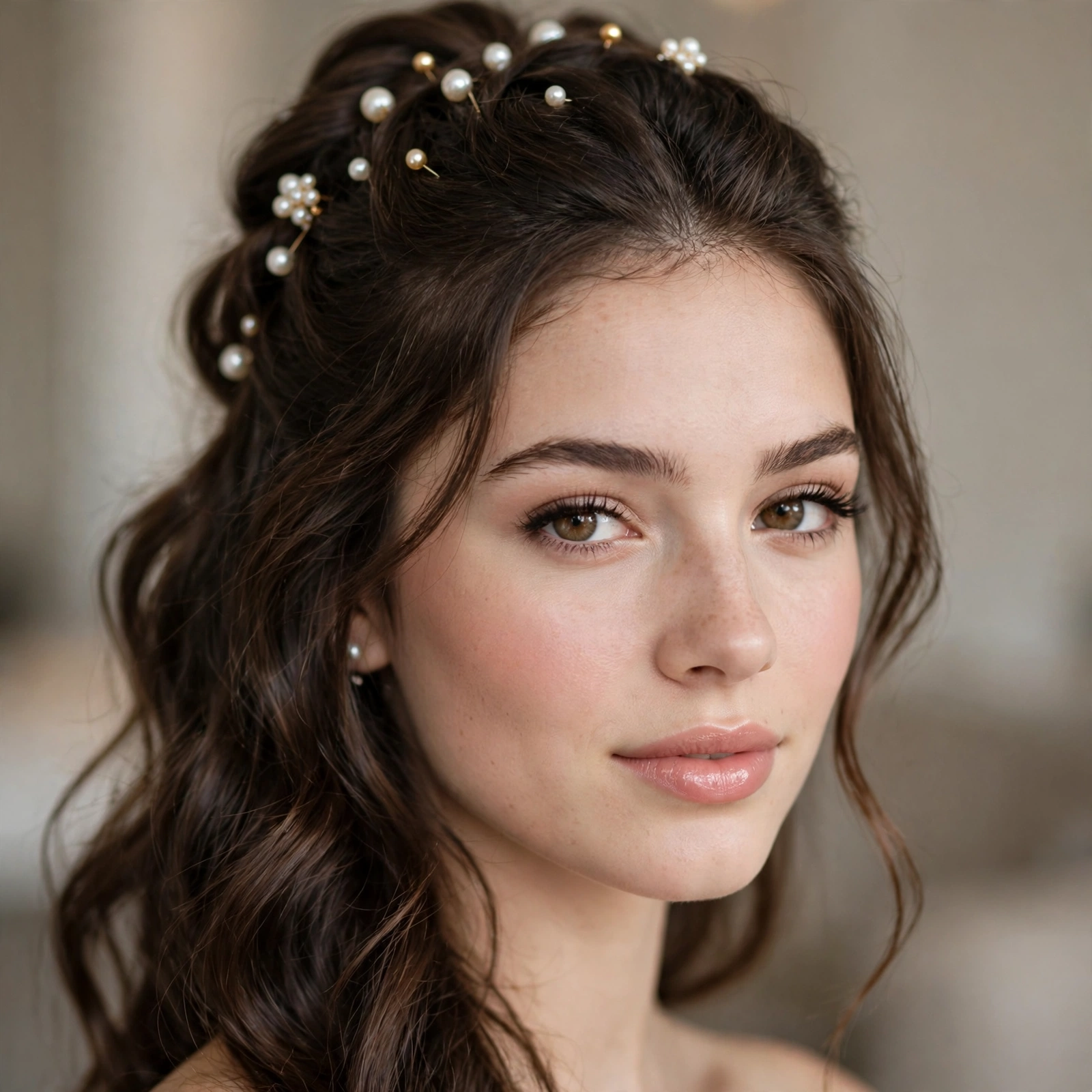 Half-up prom hair decorated with pearl pins