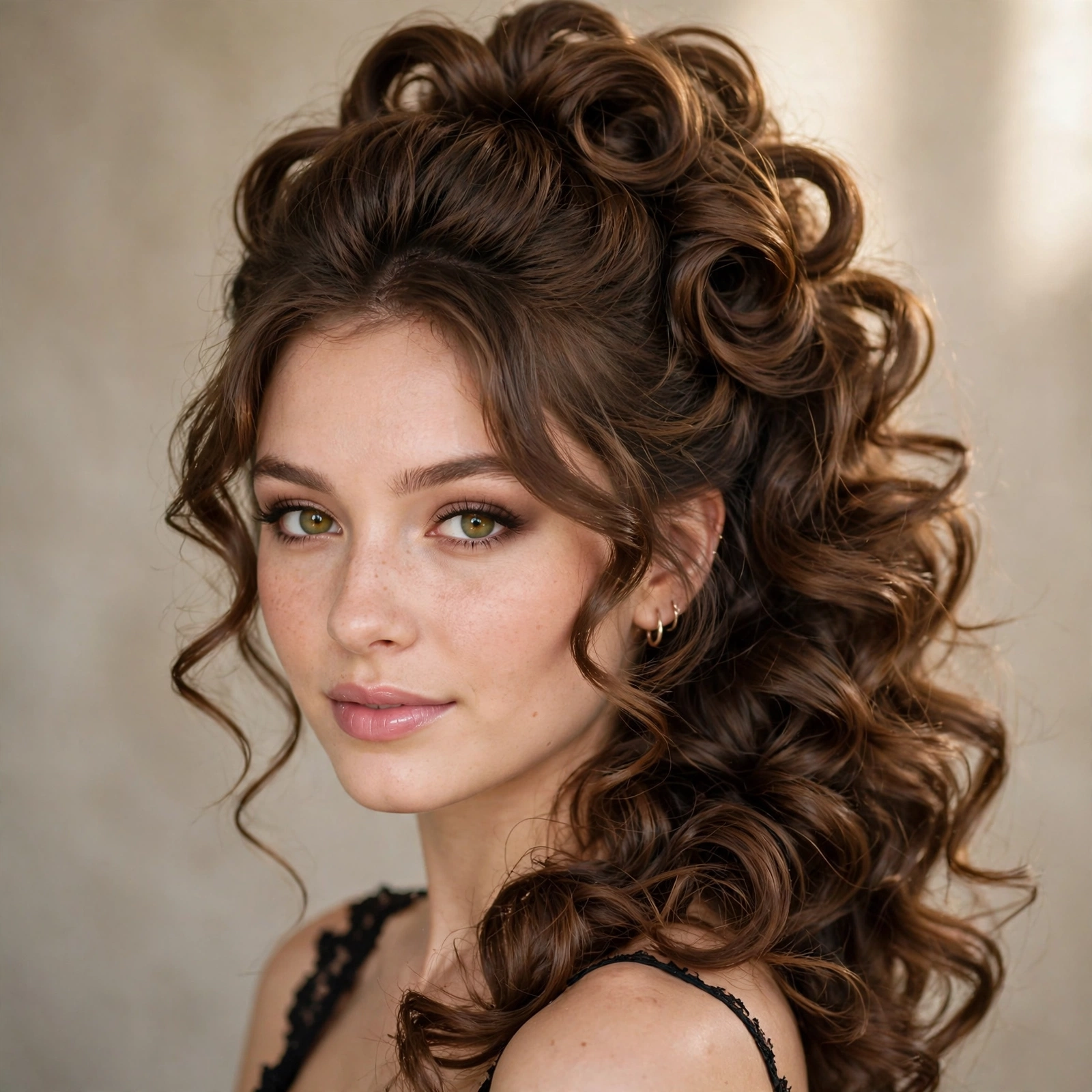 Big voluminous curls in a half-up prom style