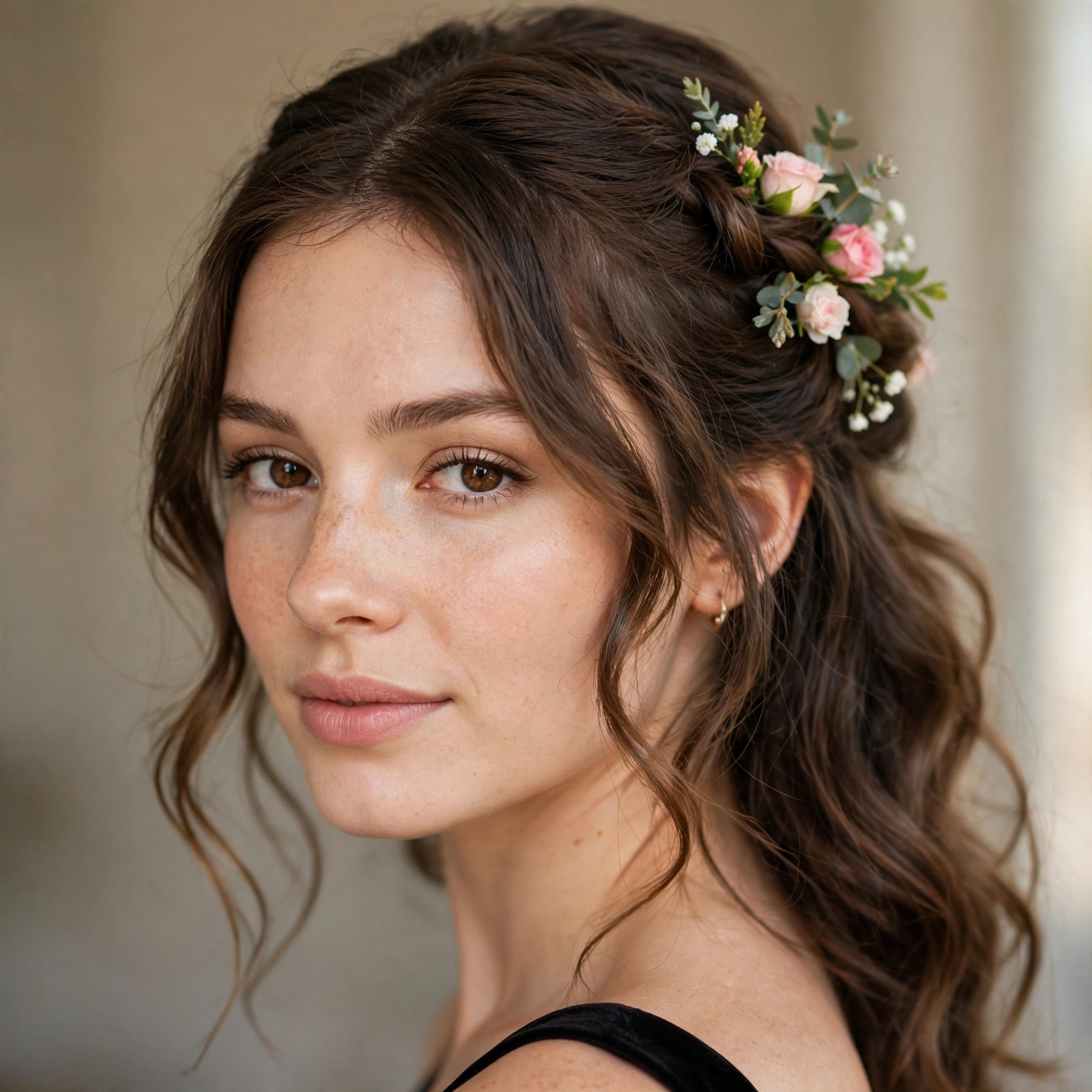 Half-up prom hair with small floral accents