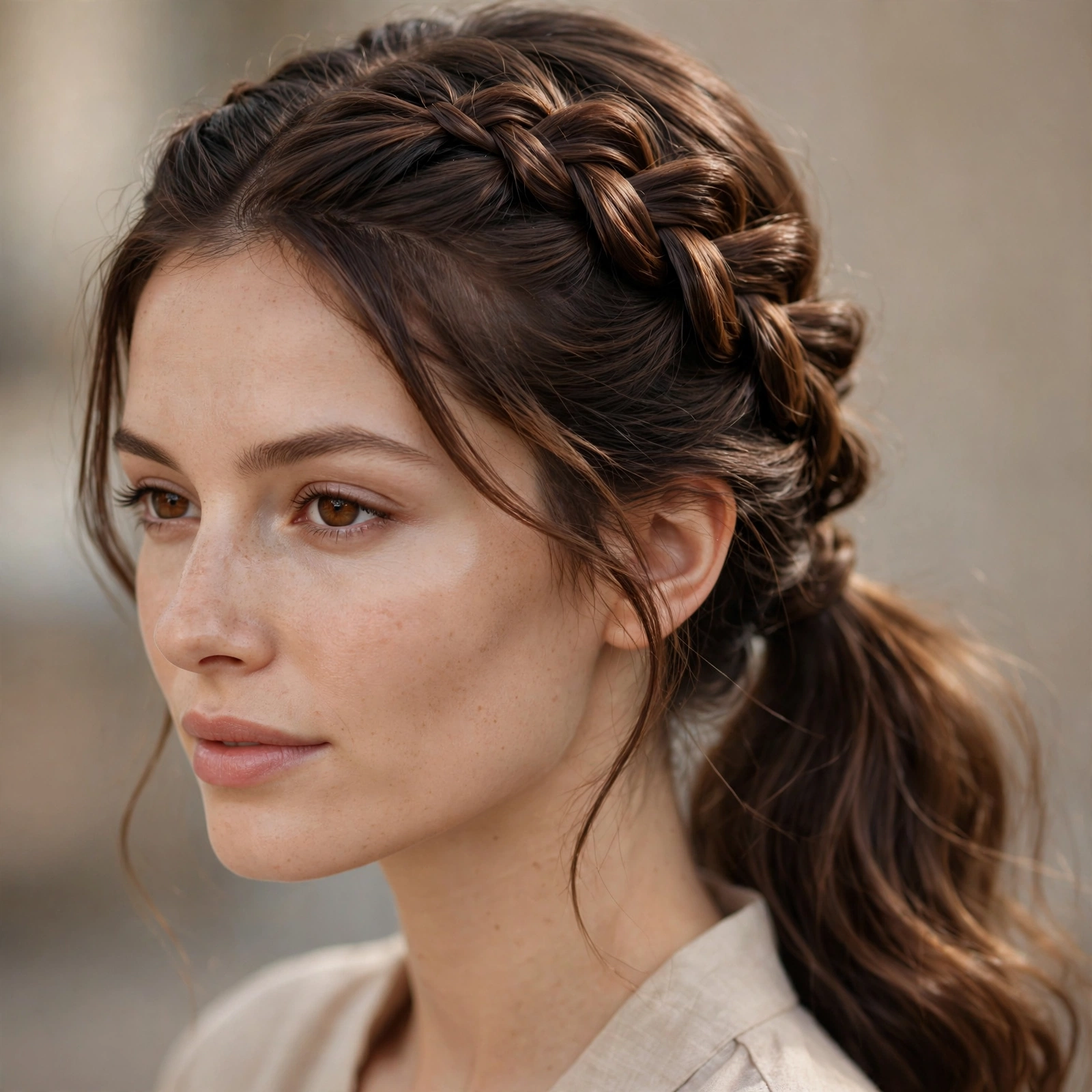 Half-up fishtail braid flowing into a low ponytail