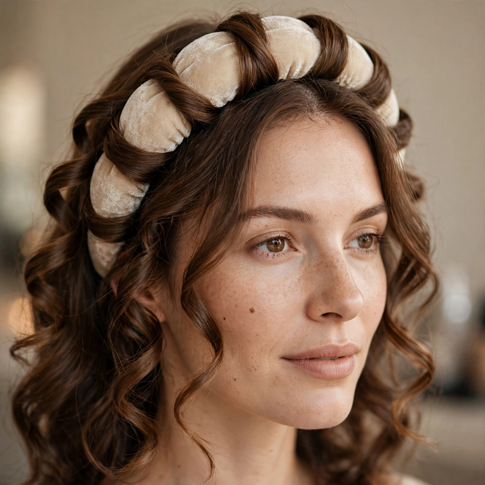 Curls created by wrapping hair around a headband