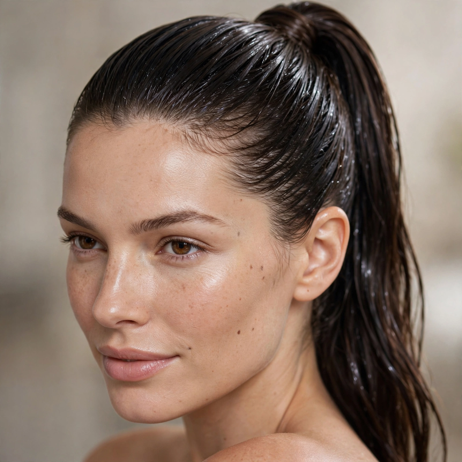 Slicked wet-look high ponytail