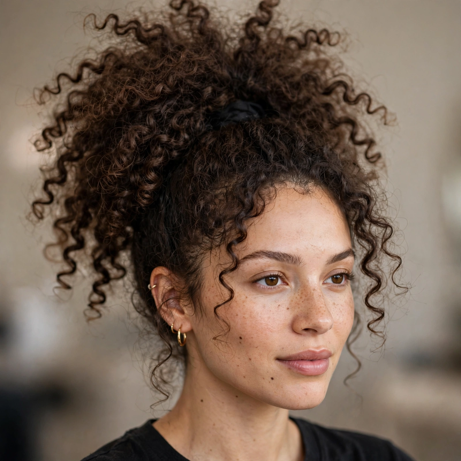High ponytail on natural curly hair with volume
